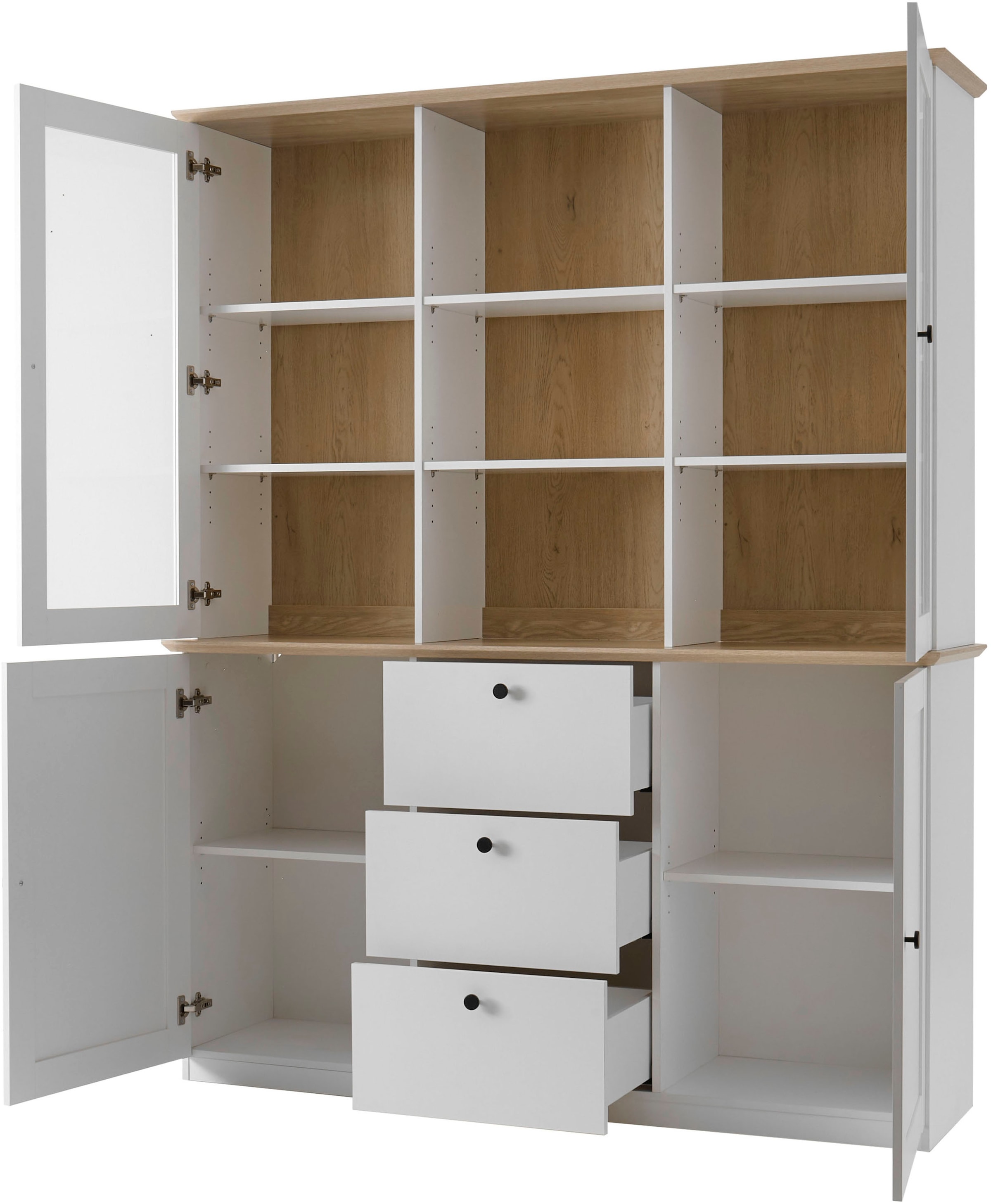 GOODproduct Buffet »Brest, Hochschrank im Landhausstil, Schrank, Küchenschrank« schwarze Metallgriffe, viel Stauraum, Glastüren, 164 cm breit