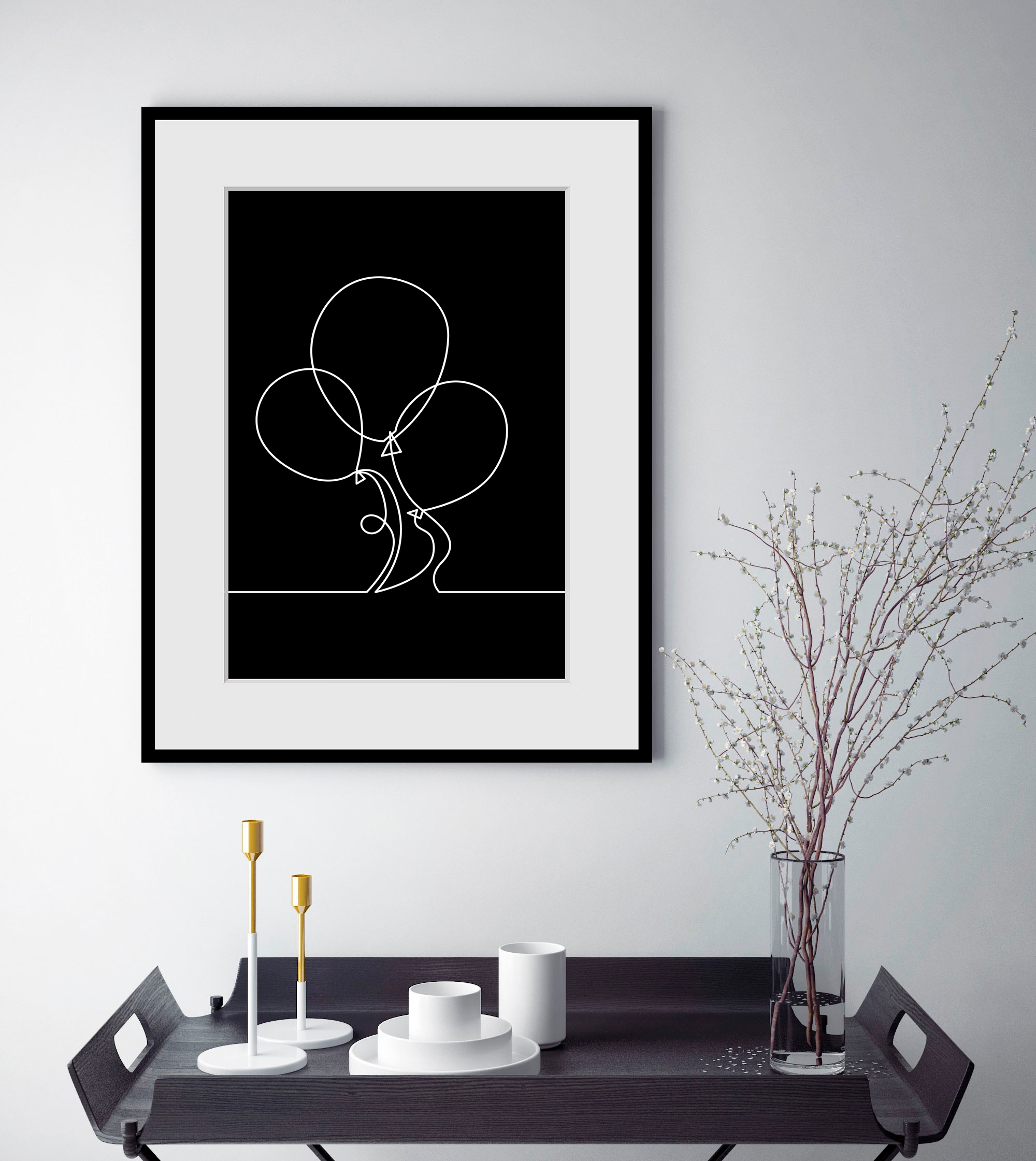 Image of queence Bild "Henry" Kunst Luftballon Modern Schwarz-Weiss 1 Stk. tlg. HD Premium Poster-Druck inkl. Holzrahmen