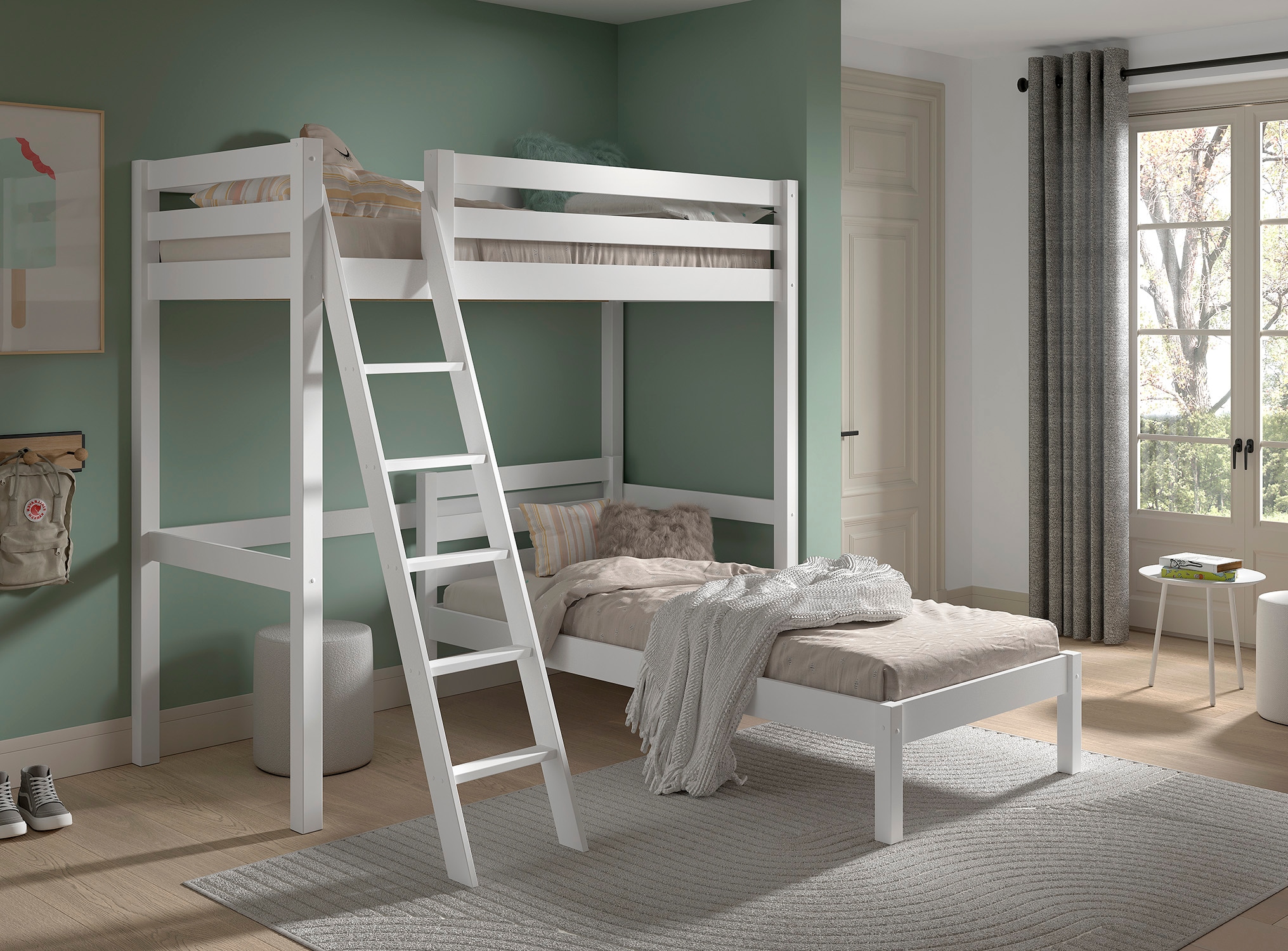 Vipack Lit superposé »mit 2 Liegeflächen 90/200 Made in Europe, Kiefer massiv weiss lackiert« L/H/P env. 209x190x211 cm, échelle inclinée, construction solide,  espace sous le lit utilisable, lit simple séparé