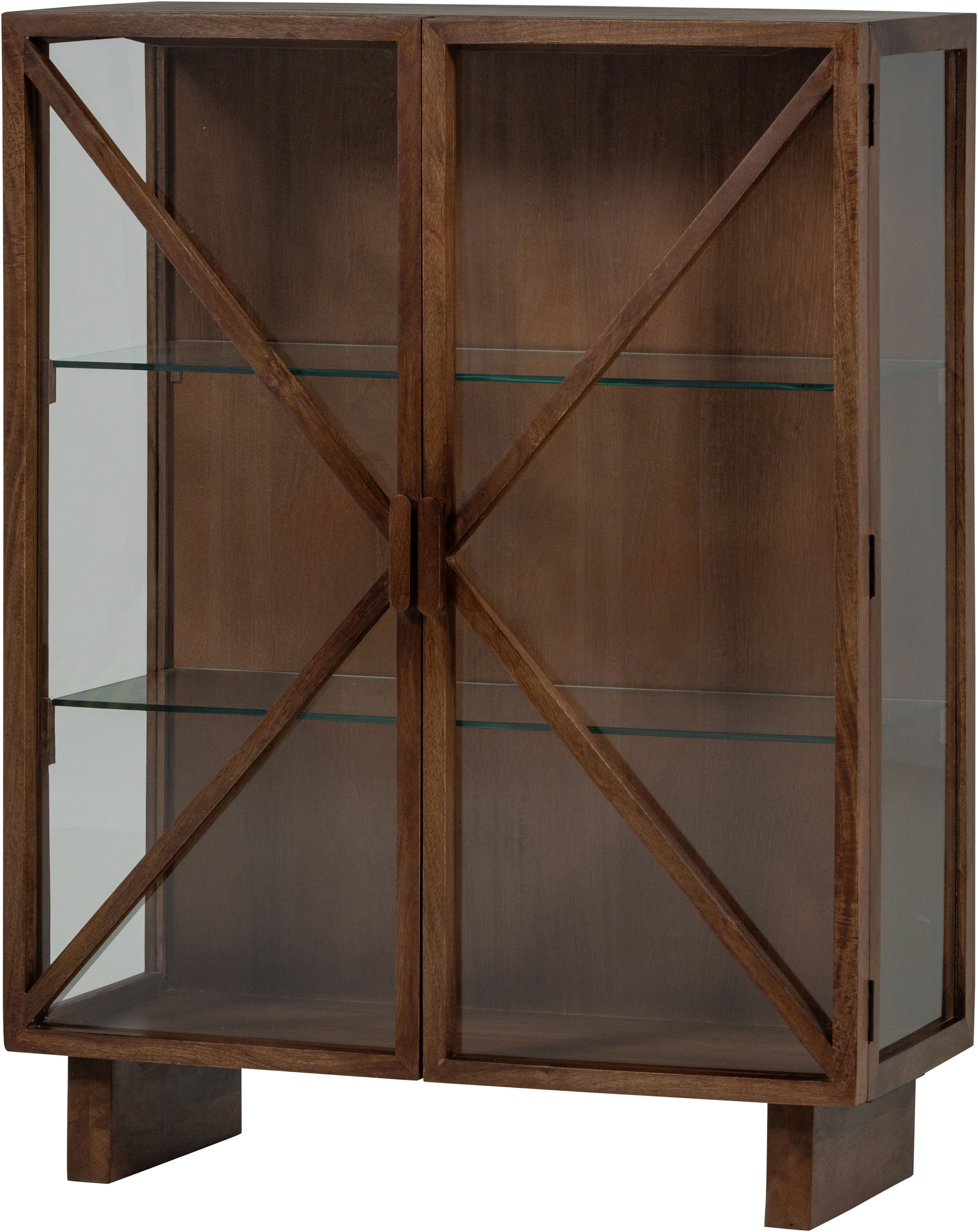 WOOOD Vitrine »Kella Mangoholz mit Glastüren und Glasablagen B 100 x D 44 x H 132 cm« Wandbefestigung empfohlen, Tragkraft 5–7 kg pro Glasboden