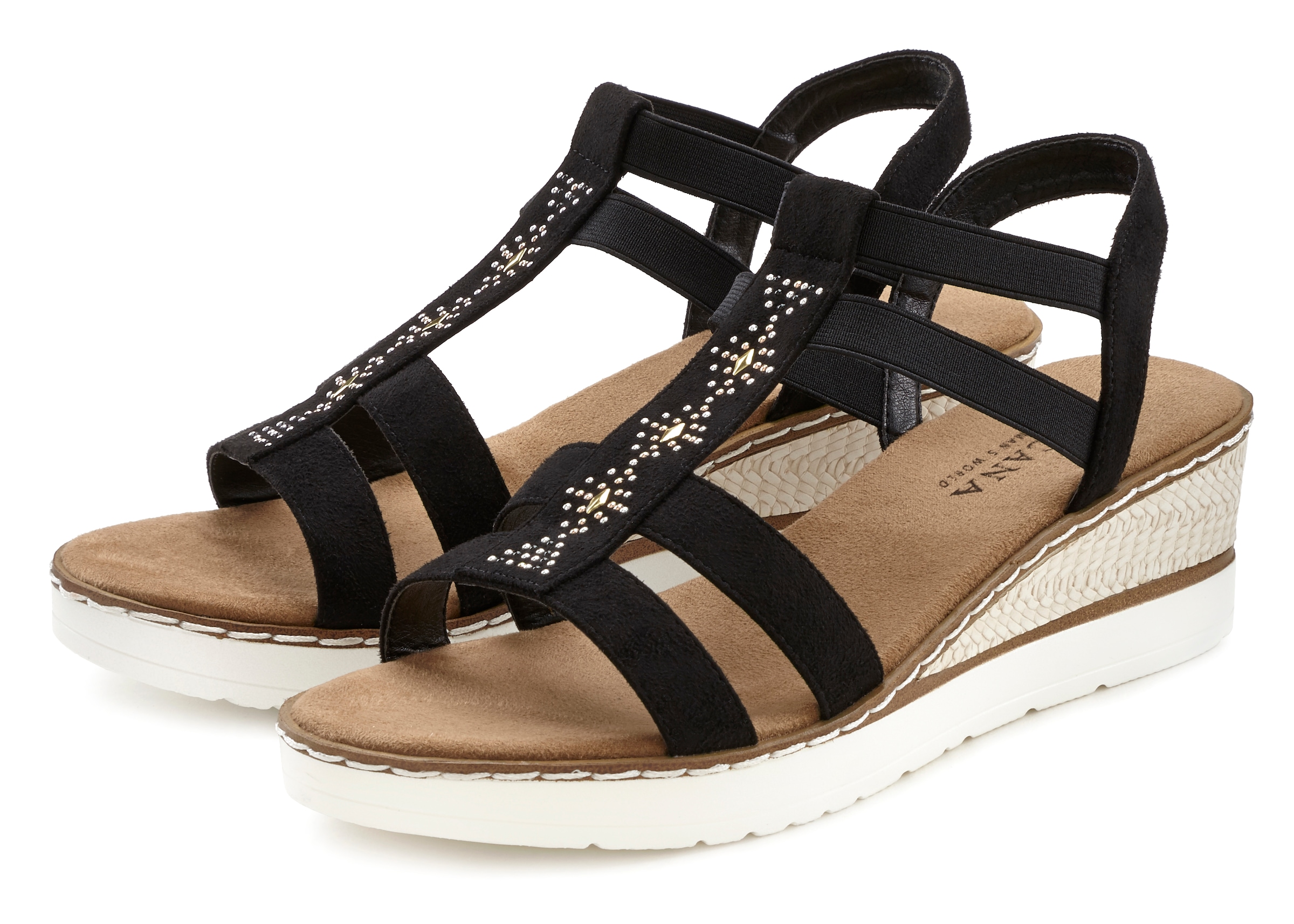 Image of LASCANA Sandalette "Sommerschuh, offener Schuh, Sandale, Keilsandalette," mit Keilabsatz und Schmucksteinen VEGAN