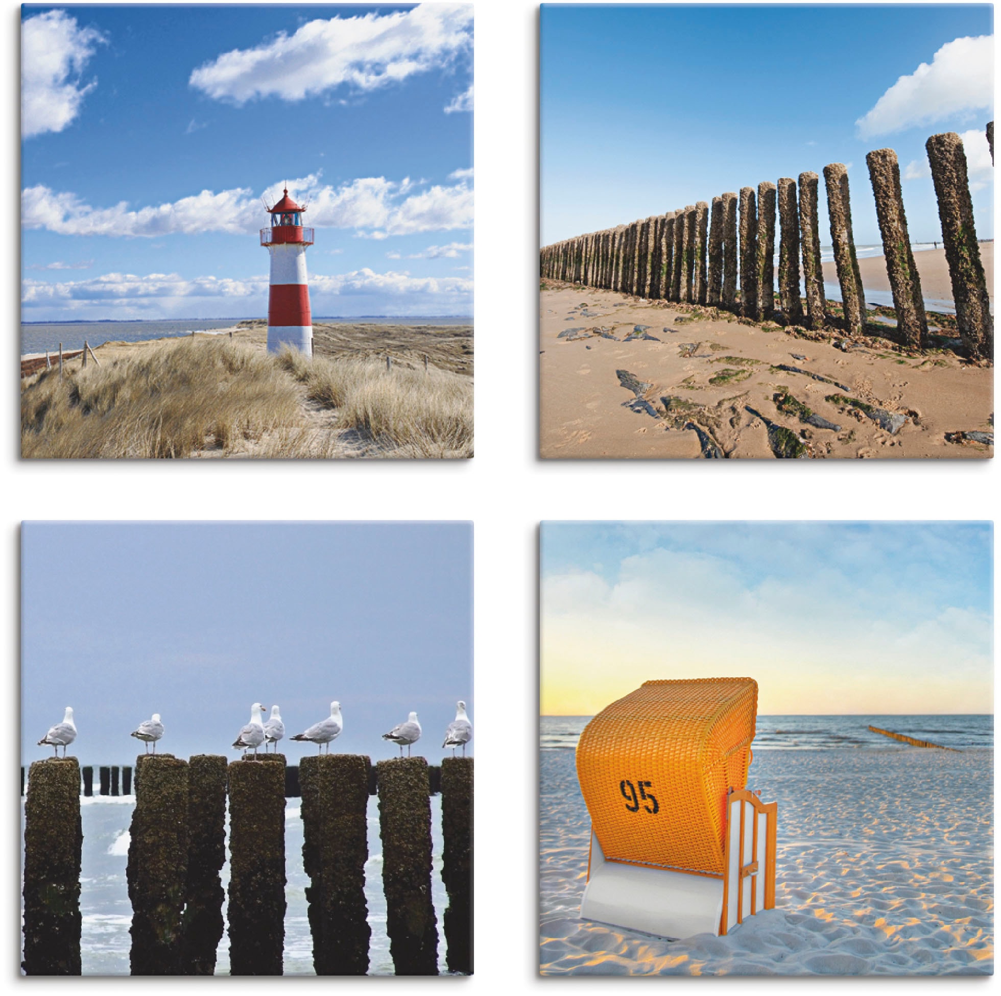 Image of Artland Leinwandbild "Leuchtturm Sylt Strand Möven Strandkorb" Strand 4 Stk. tlg. 4er Set, verschiedene Grössen