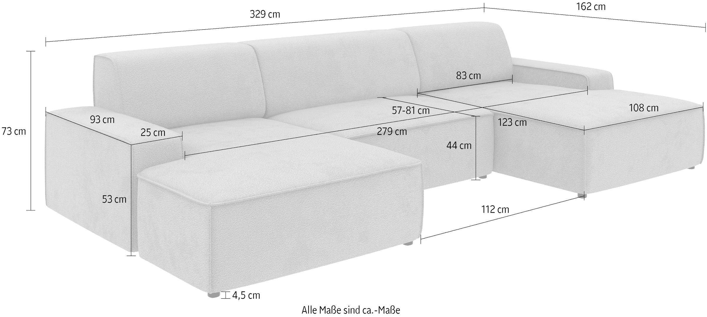 TRENDMANUFAKTUR Wohnlandschaft »Graz, wahlweise mit Sitzvorschub und Bettkasten, U-Form, Breite 329 cm« in Cord-, haustierfreundlichem LEO Struktur- oder LUMOS-3D-Bezug