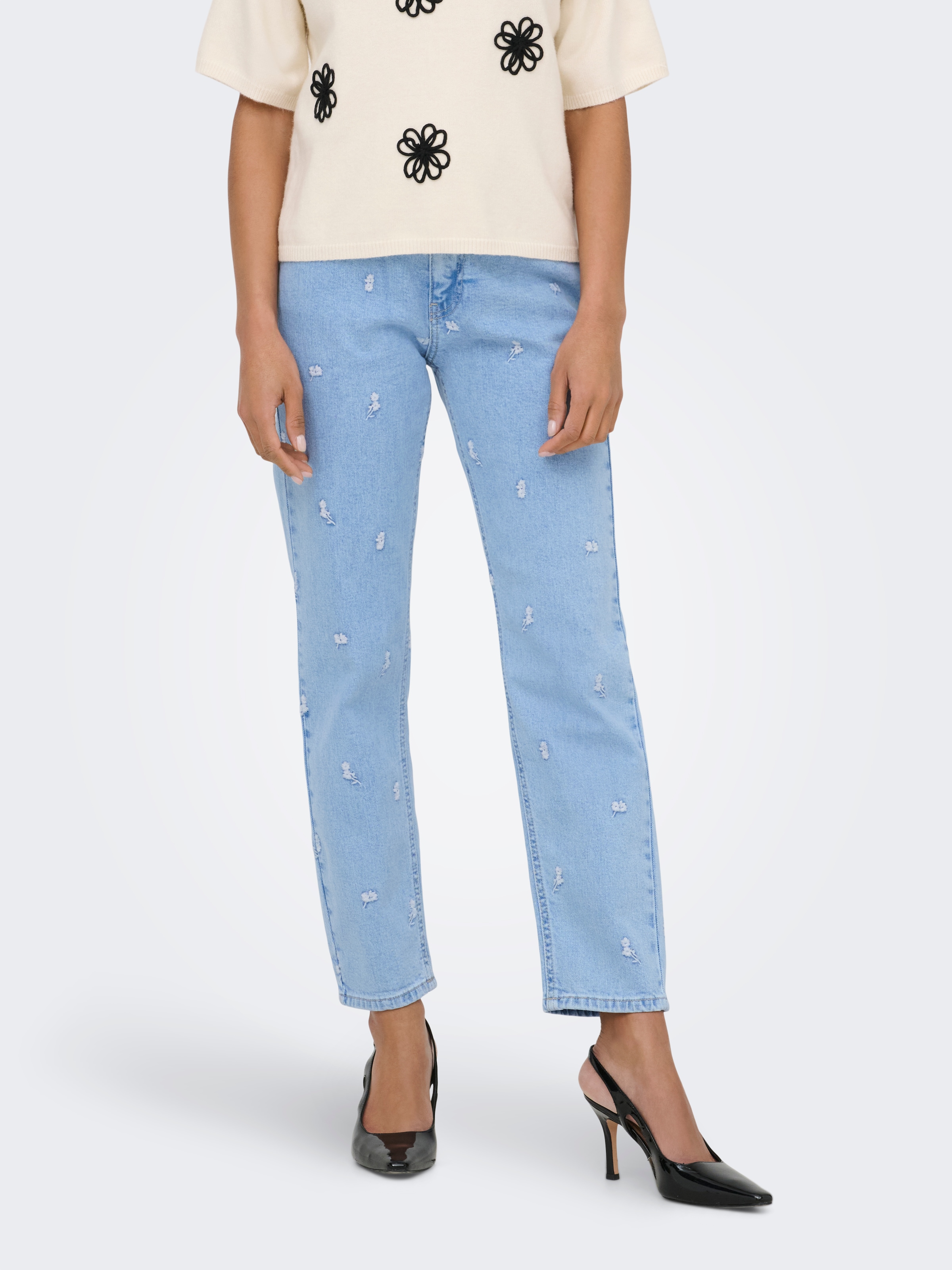 Image of ONLY Straight-Jeans "ONLEMILY HW STRETCH EMB STRA ANK DNM AZG" Baumwollmischung, straight fit