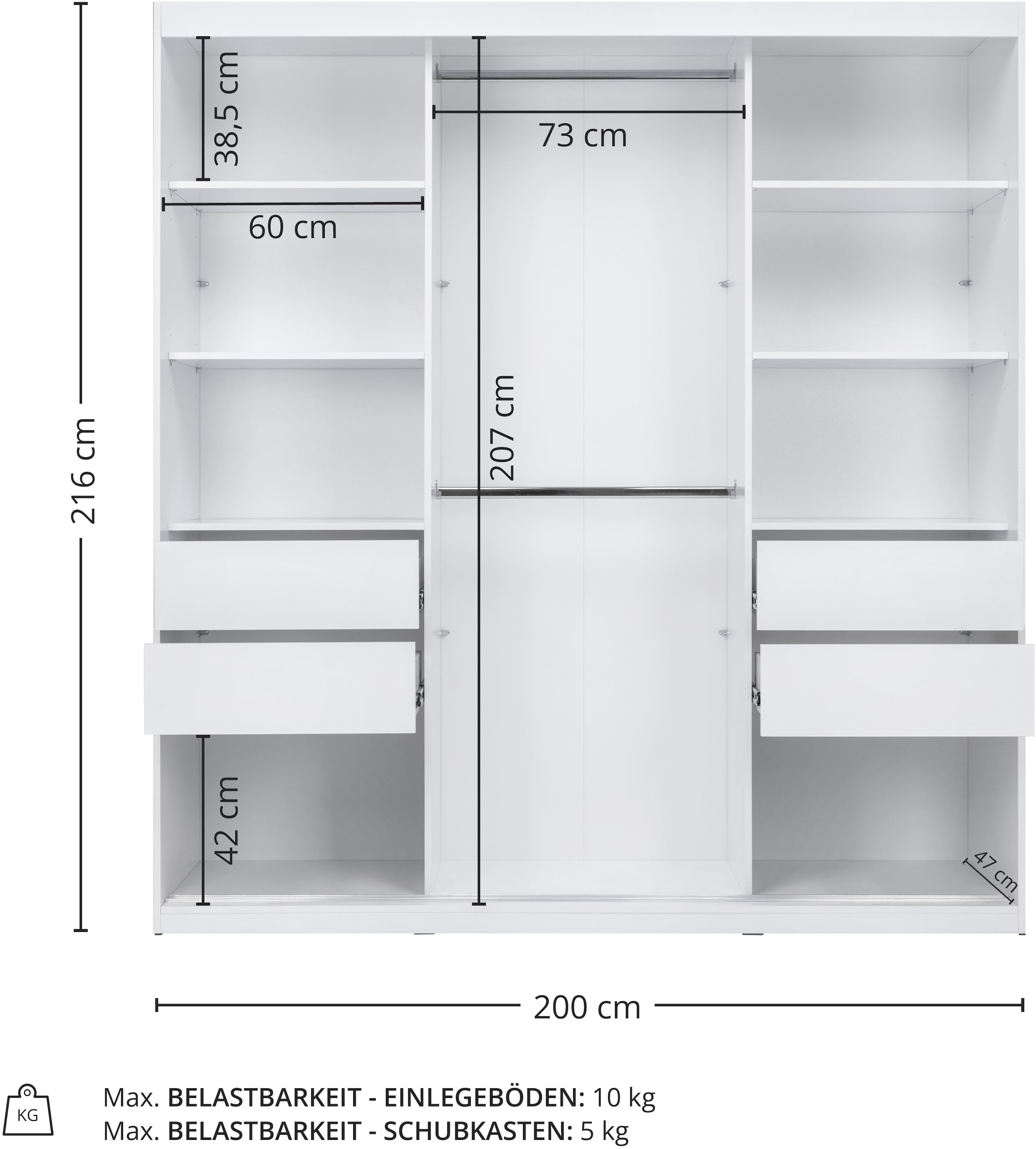 GOODproduct Schwebetürenschrank »Tonara Schrank, Kleiderschrank 2,00m Breite, Schiebetürenschrank« Schrank mit leichtgängiger Schiebetür, in 4 Farben , Top Ausstattung,  inklusive Spiegeltür, 2 Kleiderstangen, 4 Schubkastenauszügen