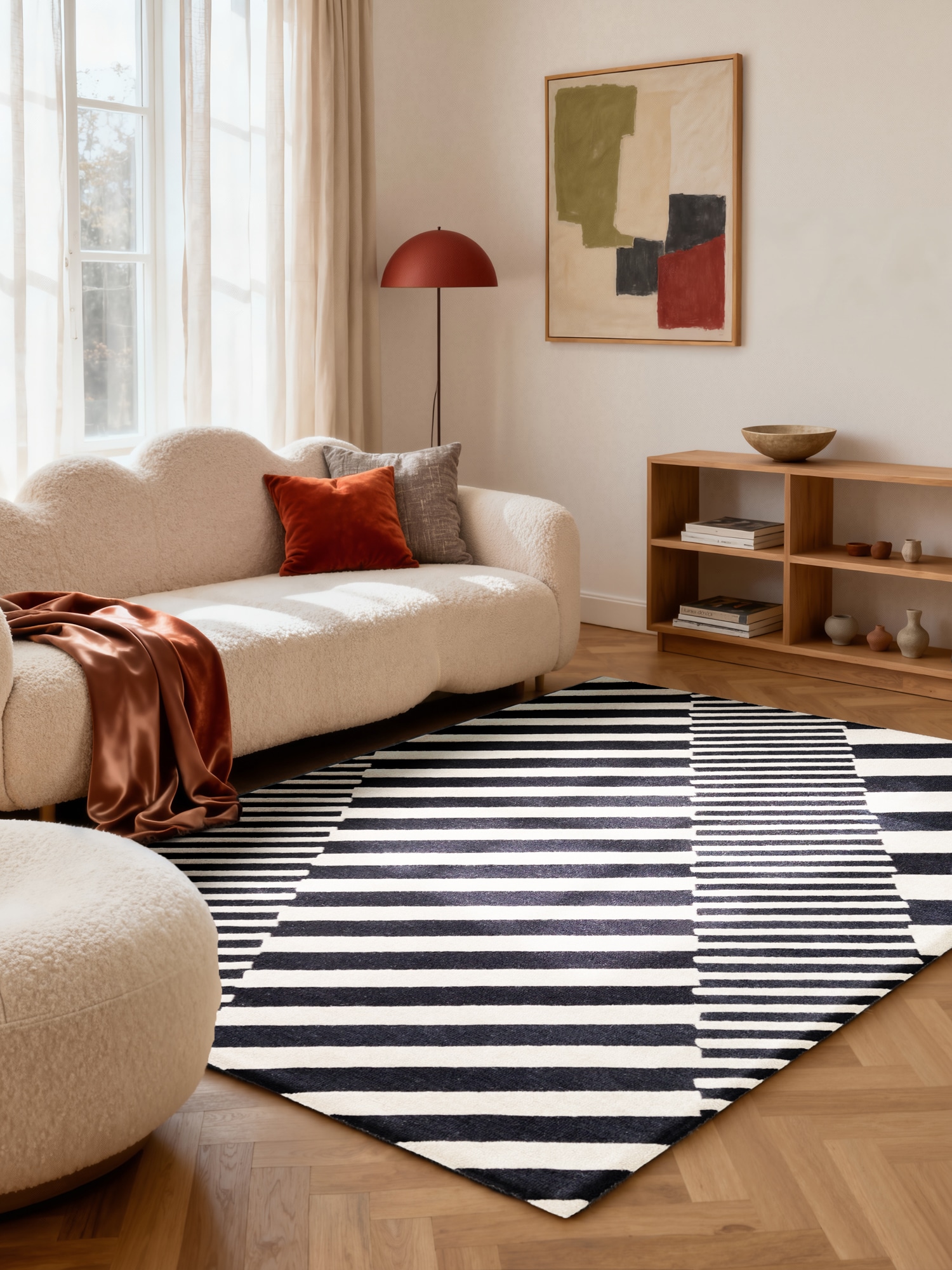 Image of ELLE DECORATION Wollteppich "Flux" rechteckig 12 mm Höhe Wolle, Natur, Wohnzimmer, schwarz weiss, Geometrisch, Streifen