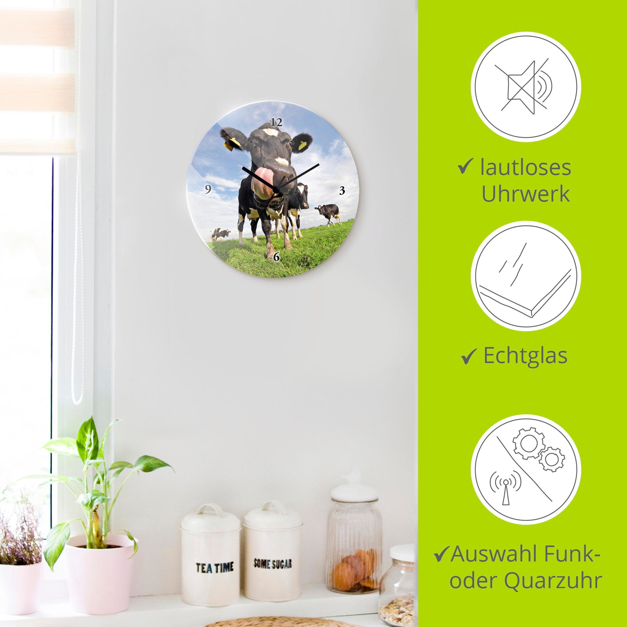 Artland Wanduhr »Holstein-Kuh mit gewaltiger Zunge« wahlweise mit Quarz- oder Funkuhrwerk, lautlos ohne Tickgeräusche