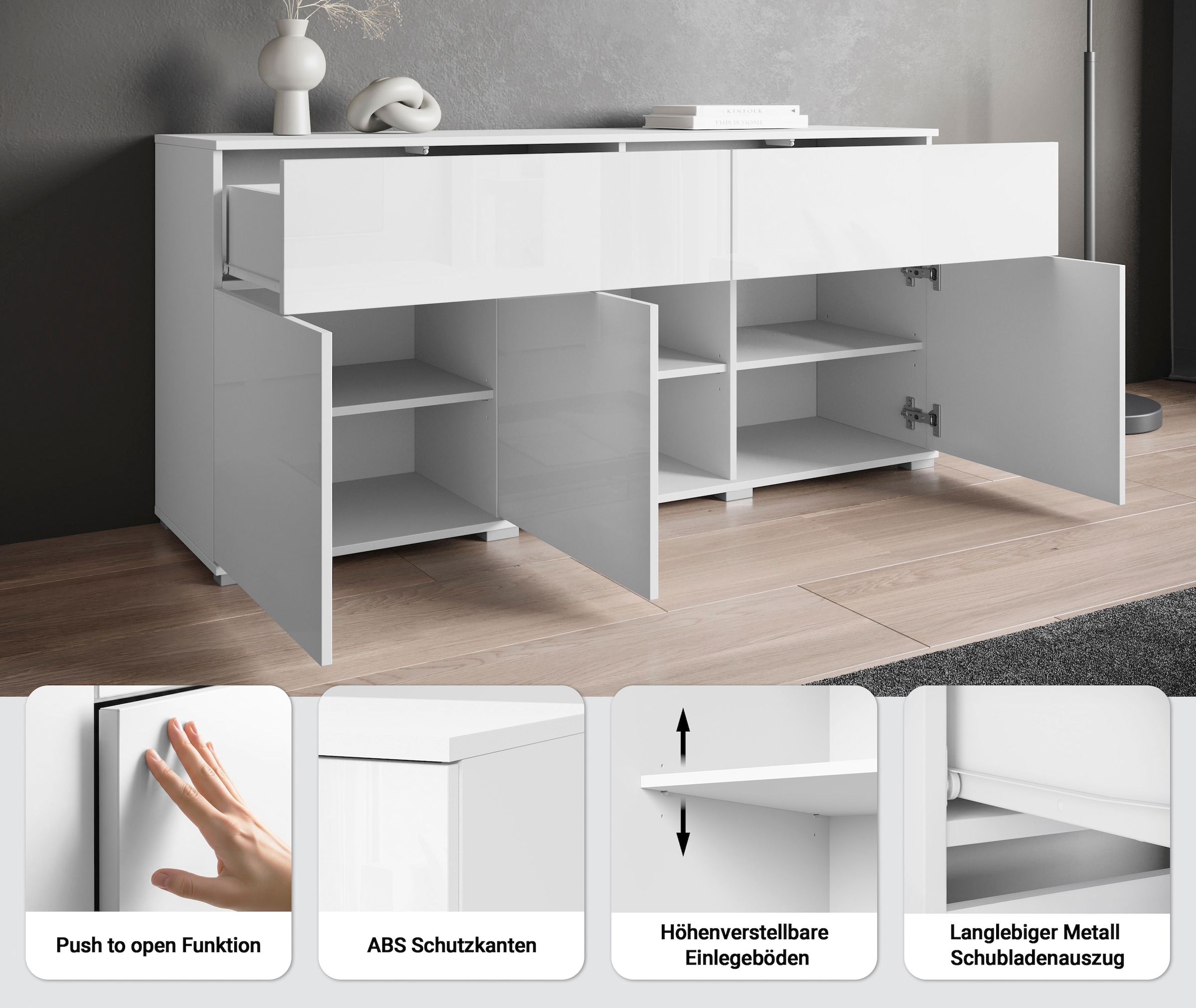 GOODproduct Sideboard »Kenia, Kommode mit 3 Türen und 2 Schubladen, 150 cm breit« 1 Stk. tlg. Griffloses Design mit Push-to-Open und verstellbaren Einlegeböden