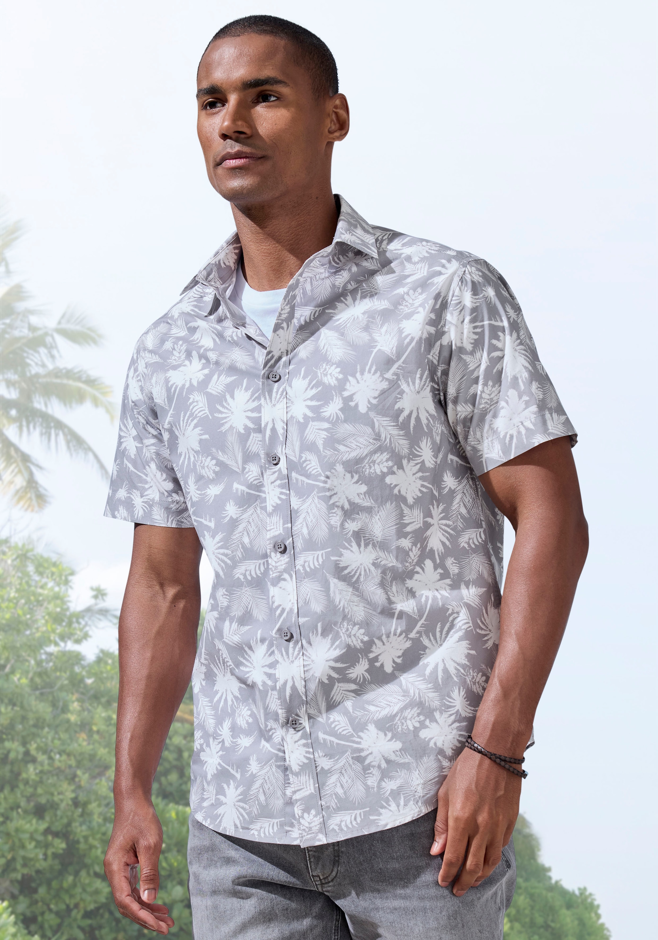 Image of Beachtime Hawaiihemd "- Kurzarmhemd mit sommerlichem Palmen Druck", Kurzarm, Freizeithemd mit Palmenprint, reine Baumwolle