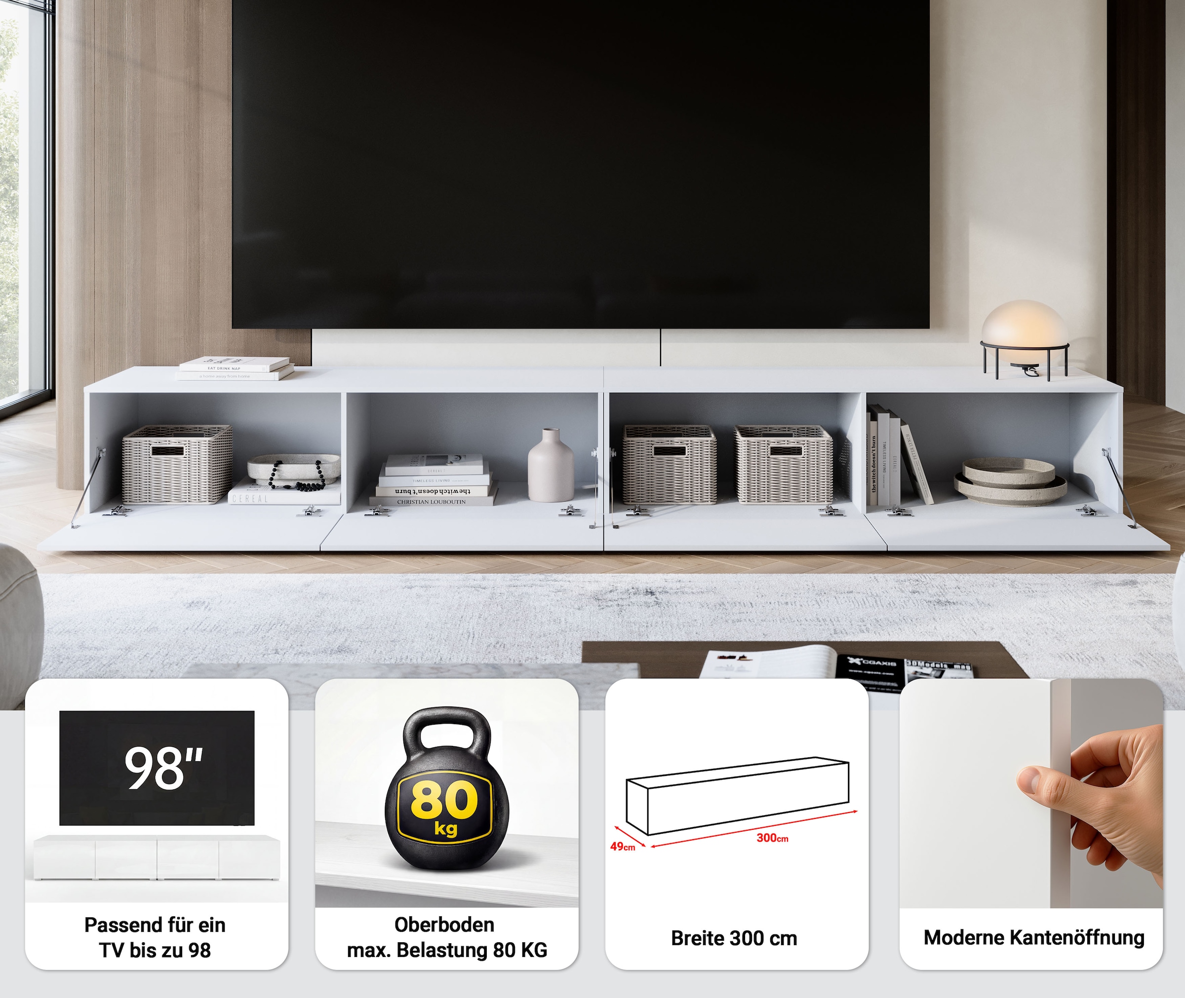 GOODproduct Table basse »Denver Erlebe die Weltmeisterschaft im XXL-Format« Elegantes TV-Möbel 300 cm, speziell für bis zu 98-Zoll Fernseher