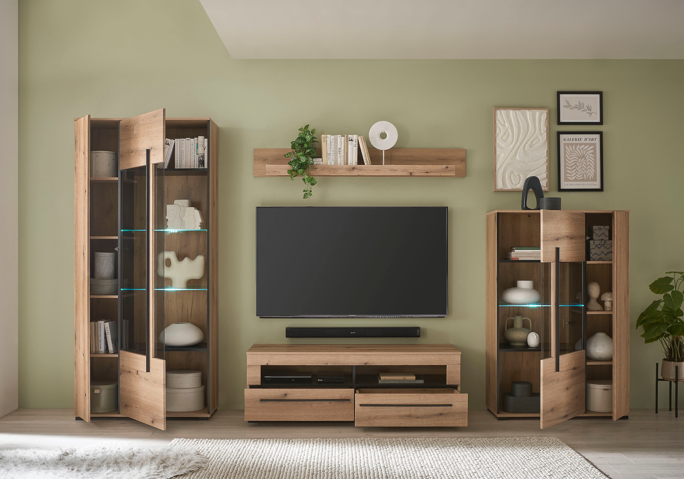 INOSIGN Wohnwand »Cantara, moderne Anbauwand, Wohnzimmer-Set, in Eiche Evoke oder Weiss«, (Set), enthält zwei Vitrinen, ein Lowboard und ein Wandboard