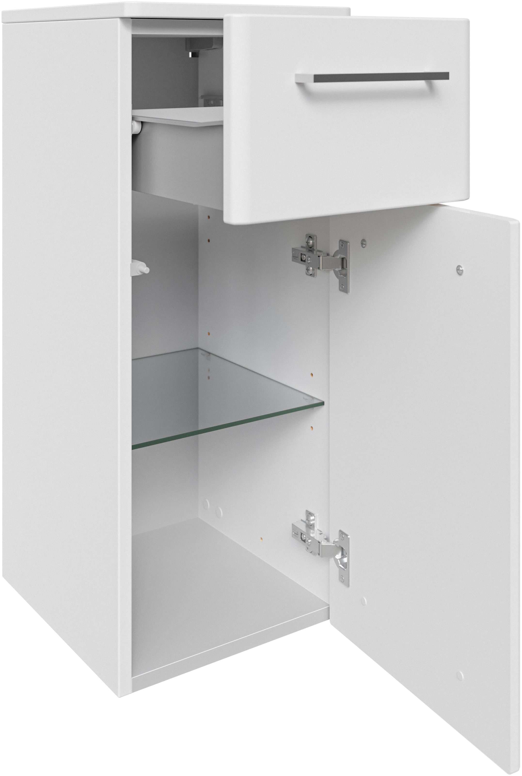 Saphir Unterschrank »Quickset 316 Badschrank 1 Tür, 1 Schublade, 30cm breit, Weiss Hochglanz« Badezimmer-Unterschrank inkl. Türdämpfer, Griffe in Chrom Glanz