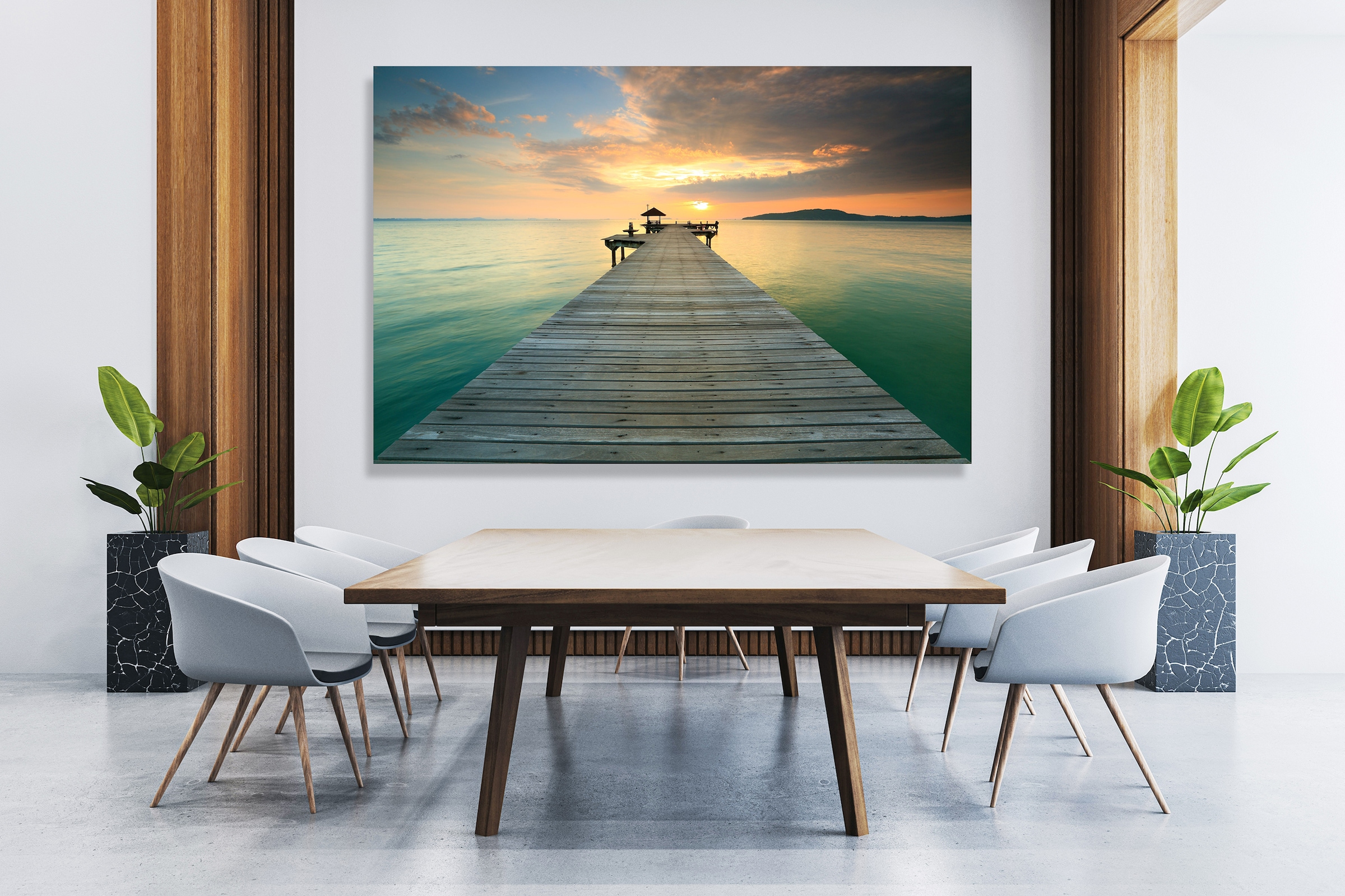 Image of queence XXL-Wandbild "Akustikbild Steg Bali Sonnenuntergang" Bilder vom Sonnenuntergang & -aufgang Bilder von Asien Gewässer Meer Natur Steg Wolken 1 Stk. tlg. Einfache Akustiklösung ohne Baumassnahme, Schalldämmung, Paneele