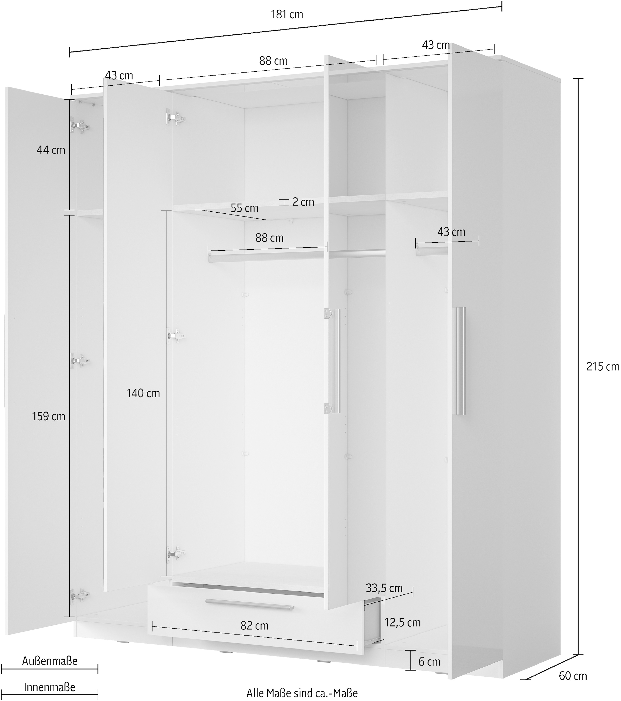 INOSIGN Kleiderschrank »India, FSC-zertifizierter Holzwerkstoff, Made in Europe«, (in Schieferoptik oder weiss mit Hochglanzfront), mit Beleuchtung und Fernbedienung, 181 oder 225x215x60cm