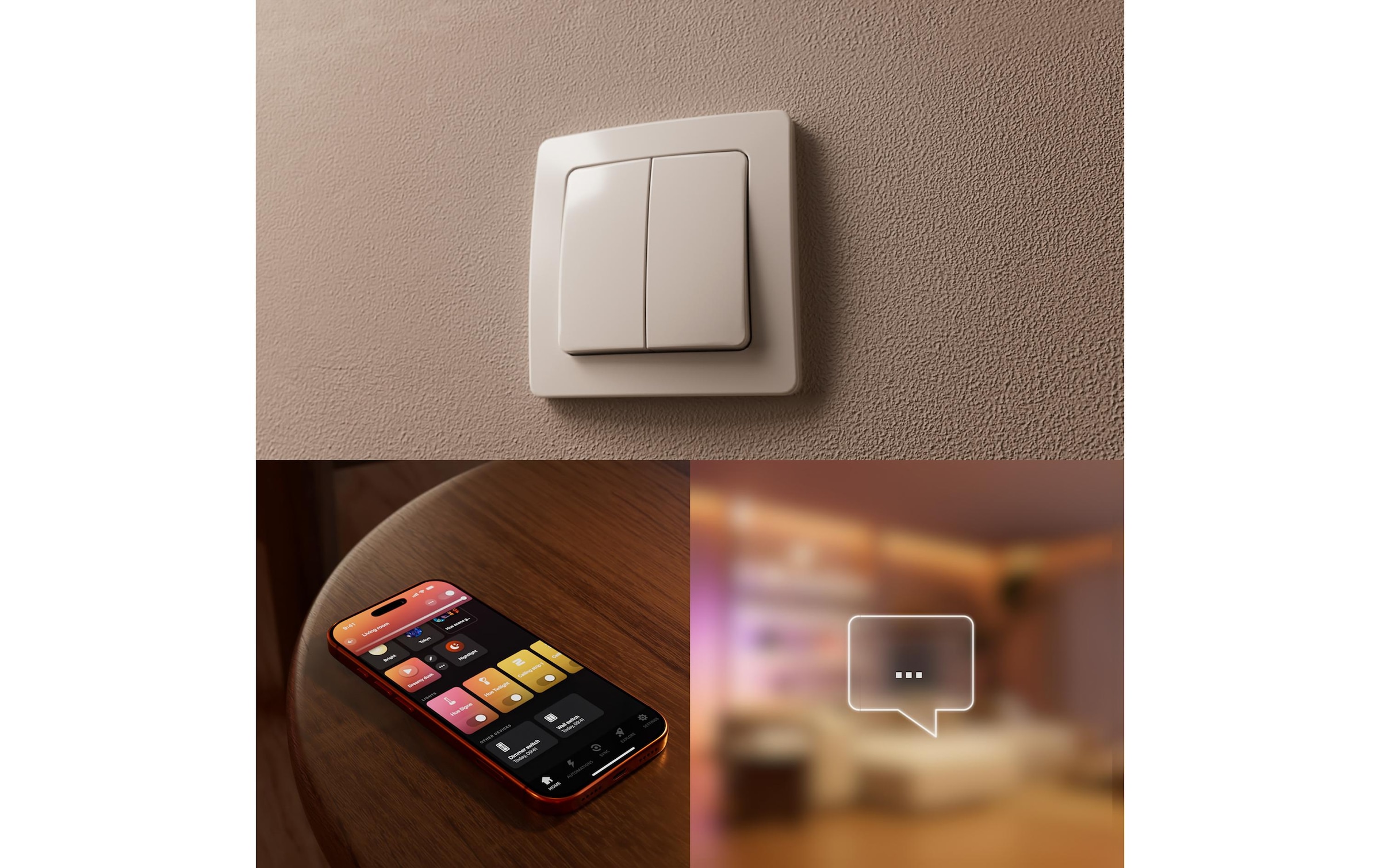 Philips Hue Élément de commande smart home »Wandschaltermodul, für nicht smarte Lampen (Ein/Aus), Netzbetrieb« 2 canaux/2C (6A / 400W LED / 1.380W halogène), commande via application et vocale, 1 : Bleu foncé/Gris uni clair
