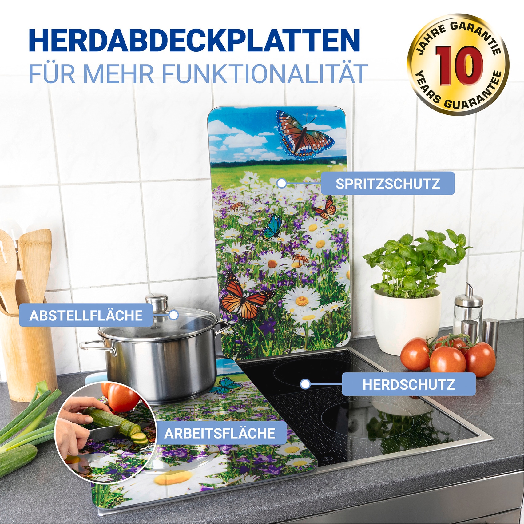 WENKO Herd-Abdeckplatte »Universal Modell Sommerwiese«, (Set, 2 tlg.), Herdabdeckung für alle Herdarten, kratzfest, mit rutschfesten Füssen