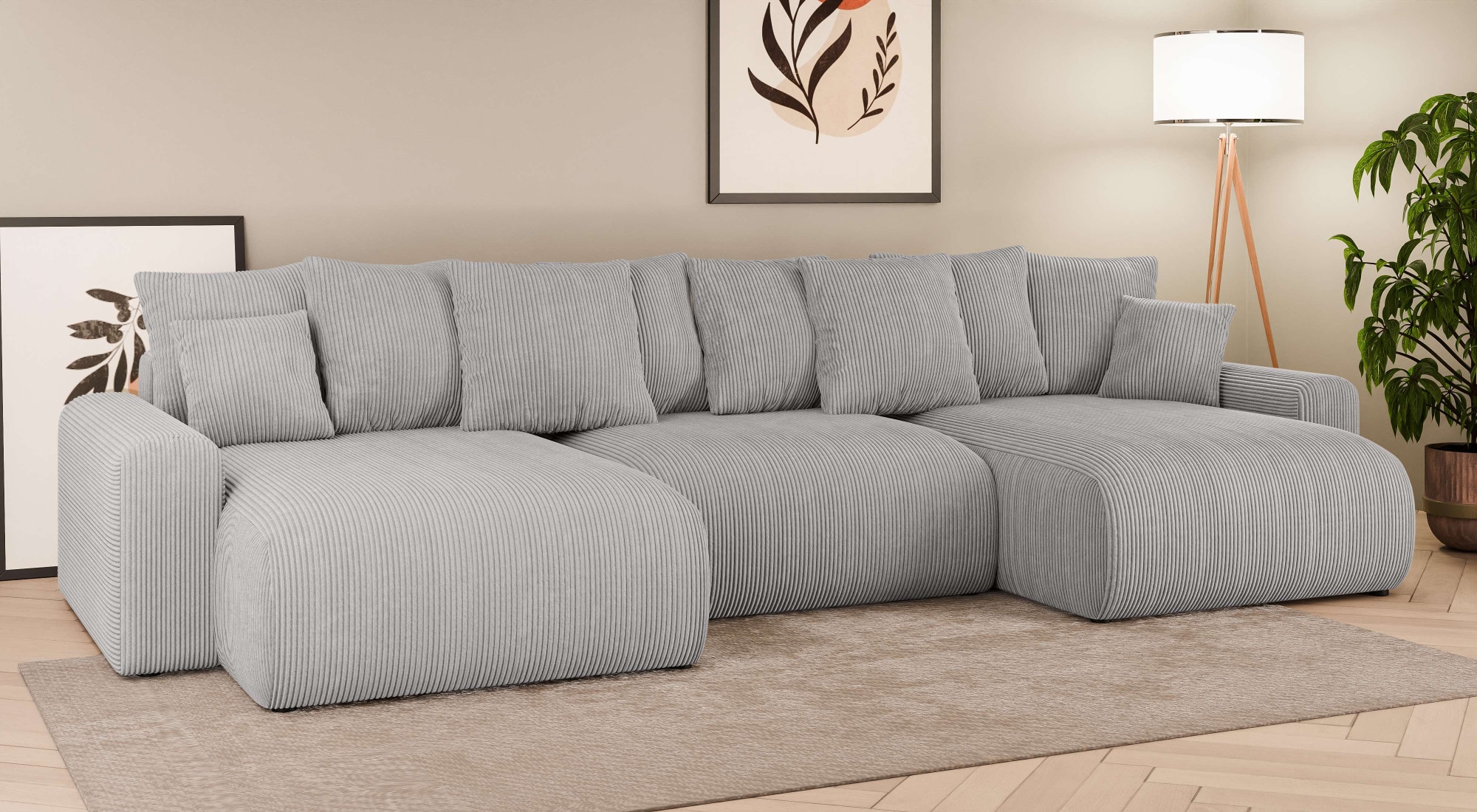 Home affaire Wohnlandschaft »LAKESIDE mit Bettfunktion und Bettkasten, Masse B/T/H: 332,5/142/84 cm«, U‑Form mit vielen Kissen und Wellenunterfederung