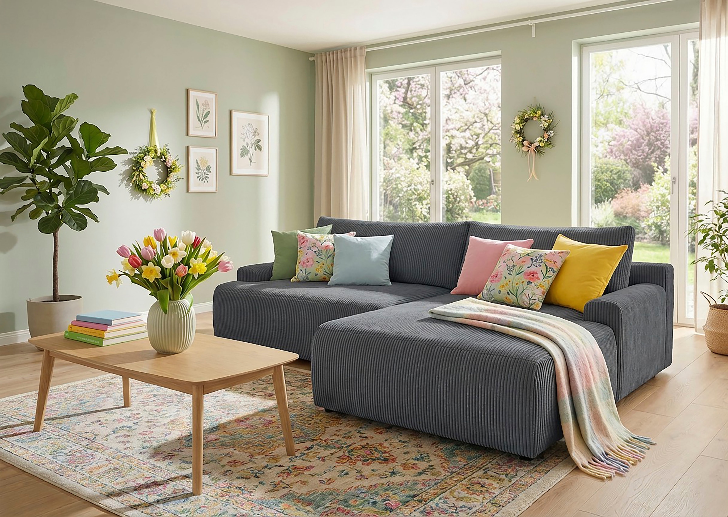 Image of TRENDMANUFAKTUR Ecksofa "Prag, Schlafsofa mit Bettkasten, Couch in L-Form, Breite 253 cm" in Cordstoff HYPER, dunkelgrau, Recamiere rechts