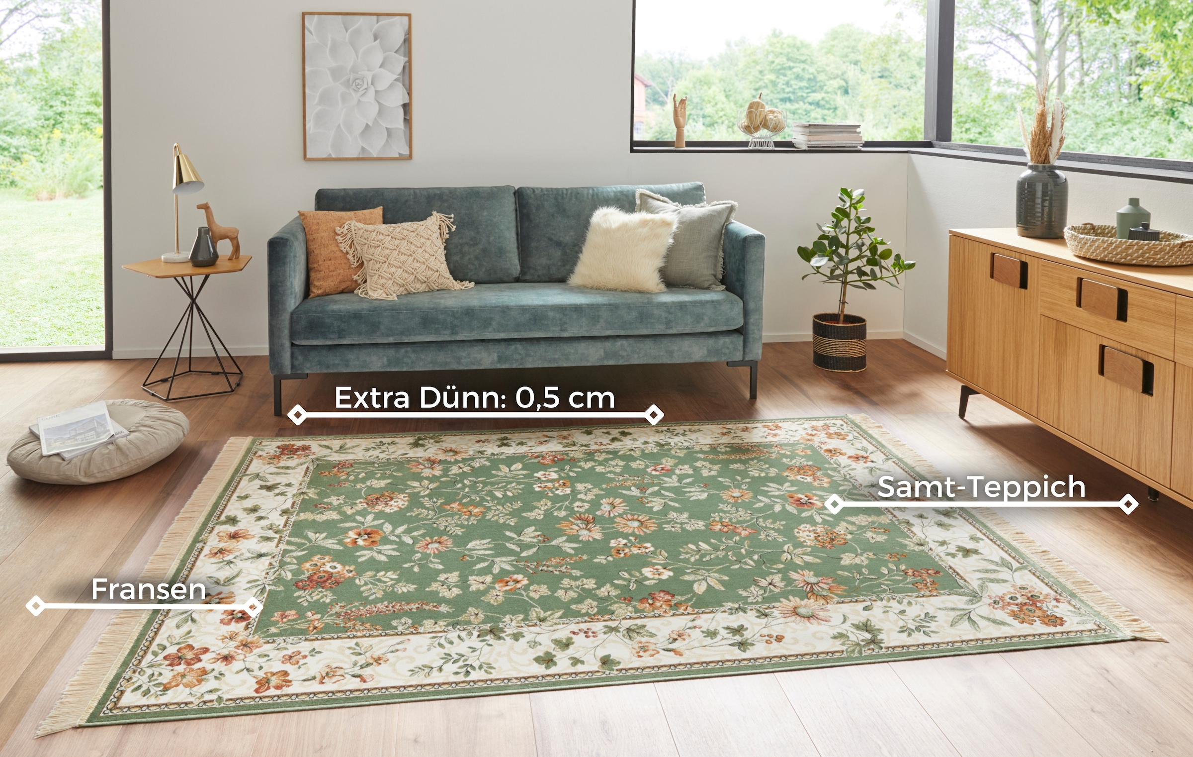 NOURISTAN Teppich »Orient Flowers«, rechteckig, 5 mm Höhe, Kurzflor mit Fransen, Orient, Wohnzimmer, Schlafzimmer, Esszimmer