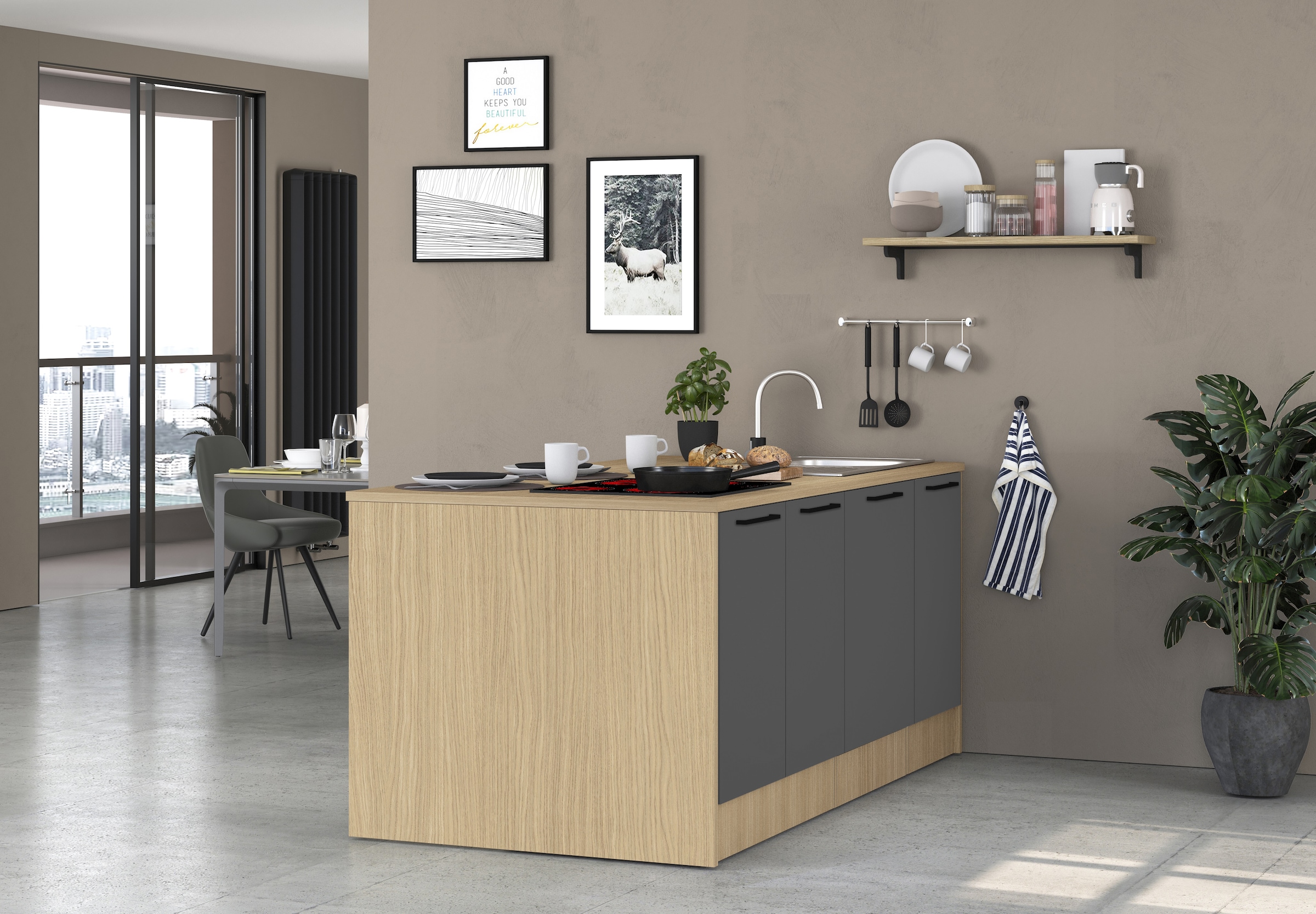 KOCHSTATION Kücheninsel »KS-Luna Breite 200 cm, Höhe 90 cm« Breite 200 cm, wahlweise mit Hanseatic-E-Geräten