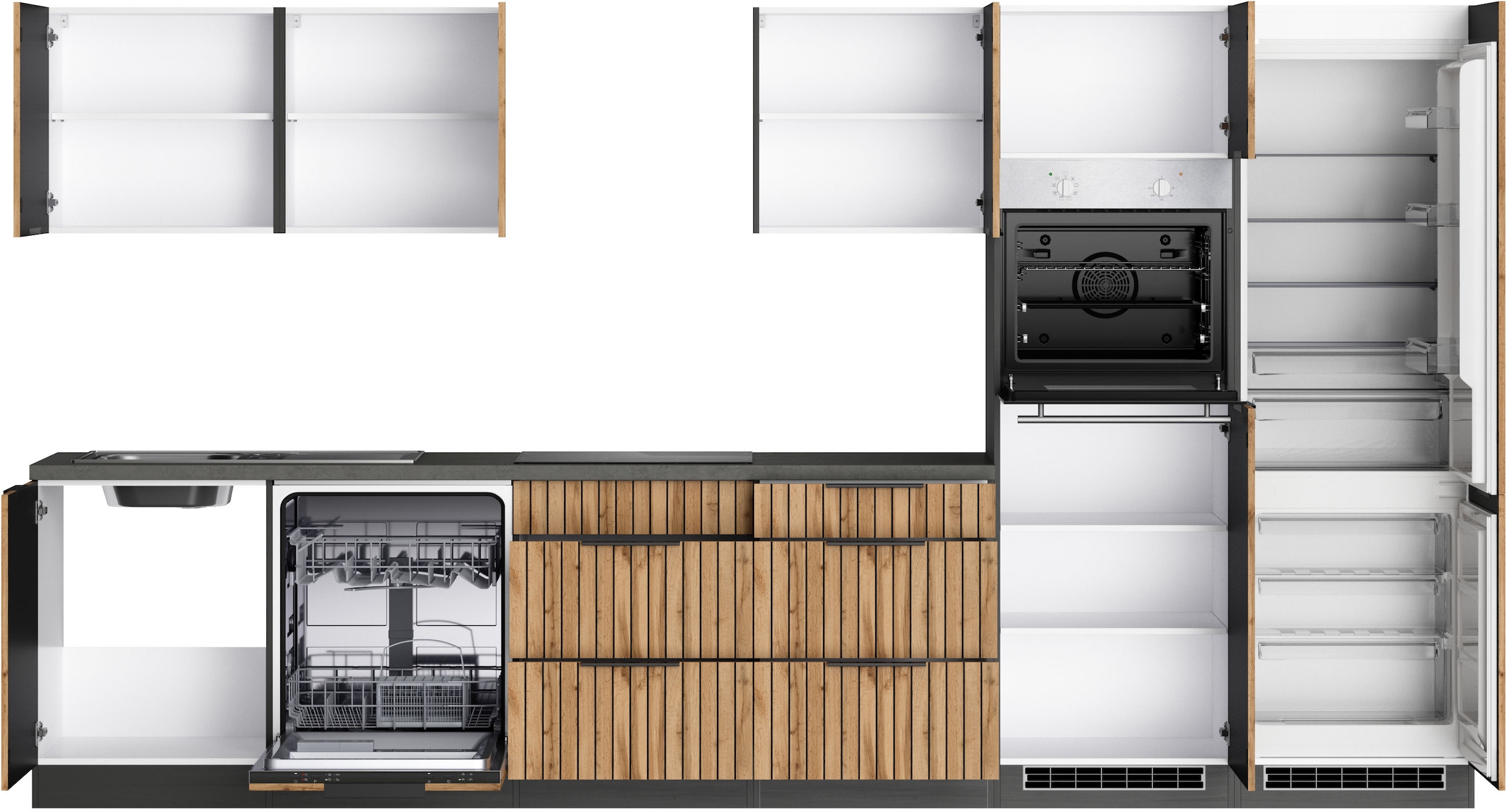 KOCHSTATION Kitchenette »KS-Lagos, Breite 360 cm, wahlweise mit E-Geräten« plaque de cuisson gaz ou induction, évier inox ou noir