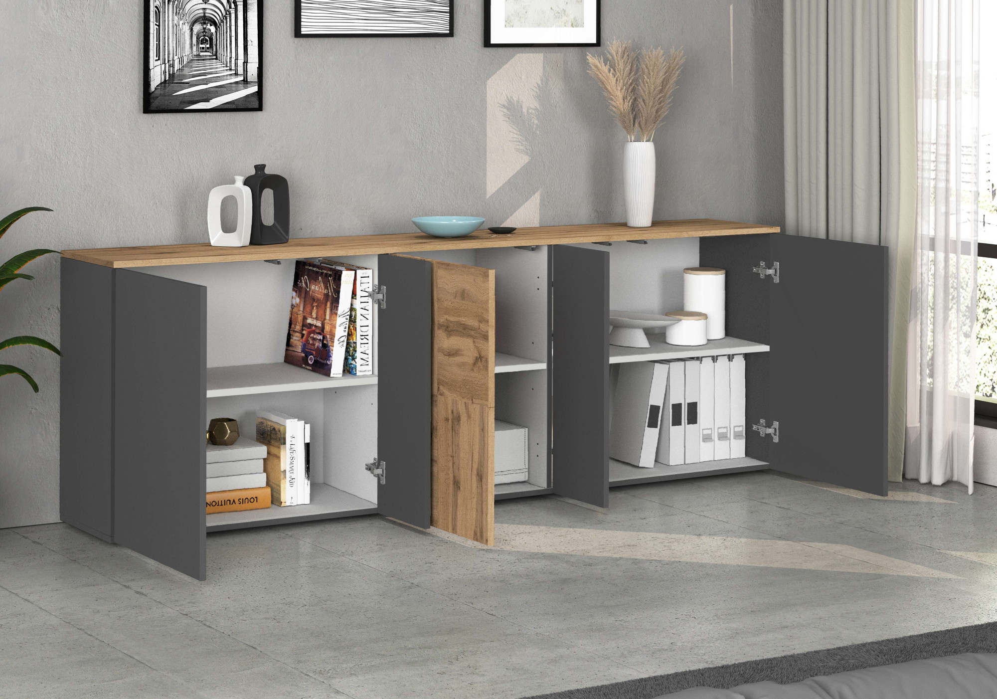 GOODproduct Sideboard »ISEO, Kommode, Schrank, Sideboard, Lowboard, 6 Fächer, Breite 200 cm« 1 Stk. tlg. stehend/hängend, 5 Türen, 6 Fächer, Breite 200 cm