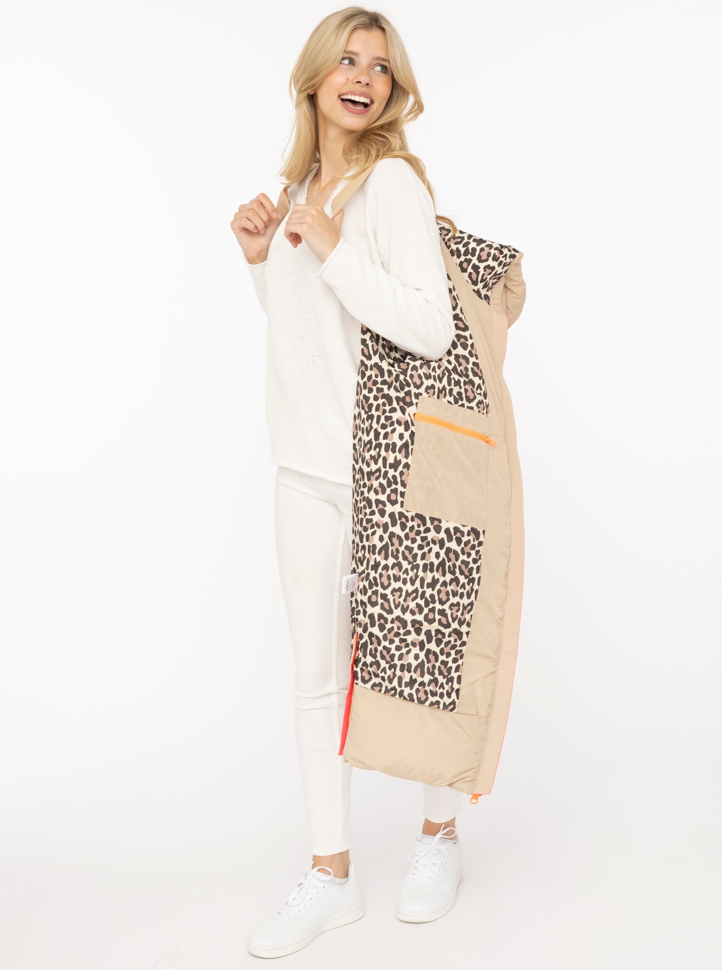 Zwillingsherz Manteau matelassé »„Leo Kapuze“« capuche avec doublure léopard, fermeture éclair, poches, poignets élastiques