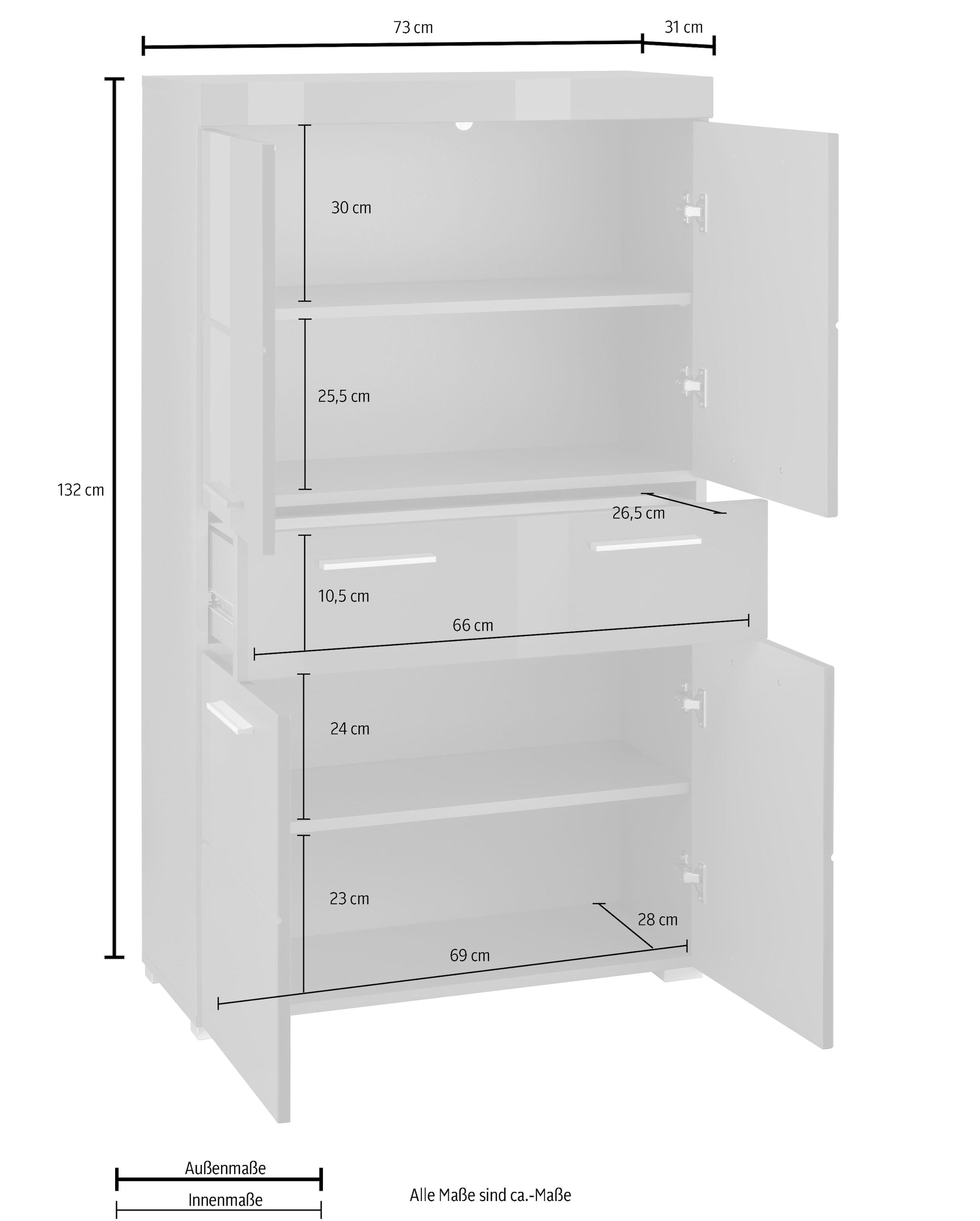 INOSIGN Midischrank »Avena«, Badschrank 4-türig mit einer Schublade - Masse (B/T/H) 73/31/130 cm
