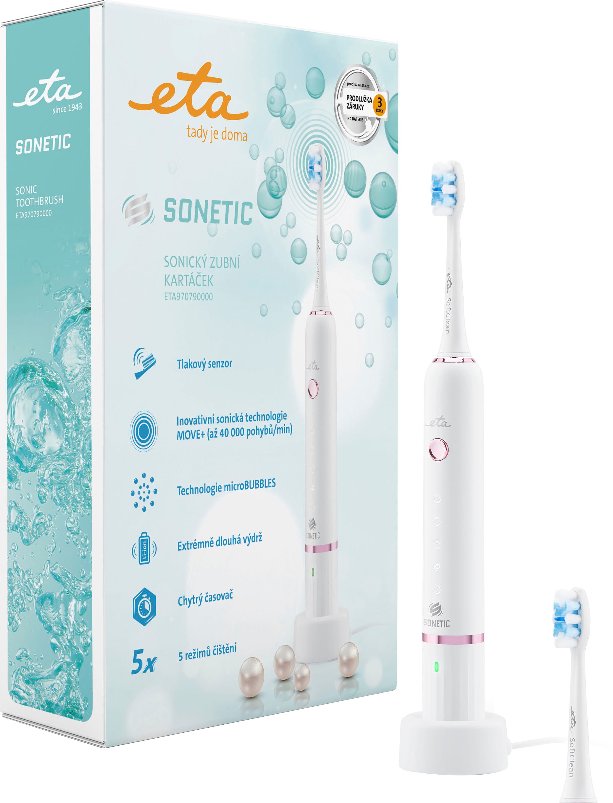 eta Brosse à dents sonique »Sonetic ETA970790000« 2 cuis Aufsteckbürsten Innovative Schalltechnologie MOVE+ (bis zu 40.000 Bewegungen/Minute)