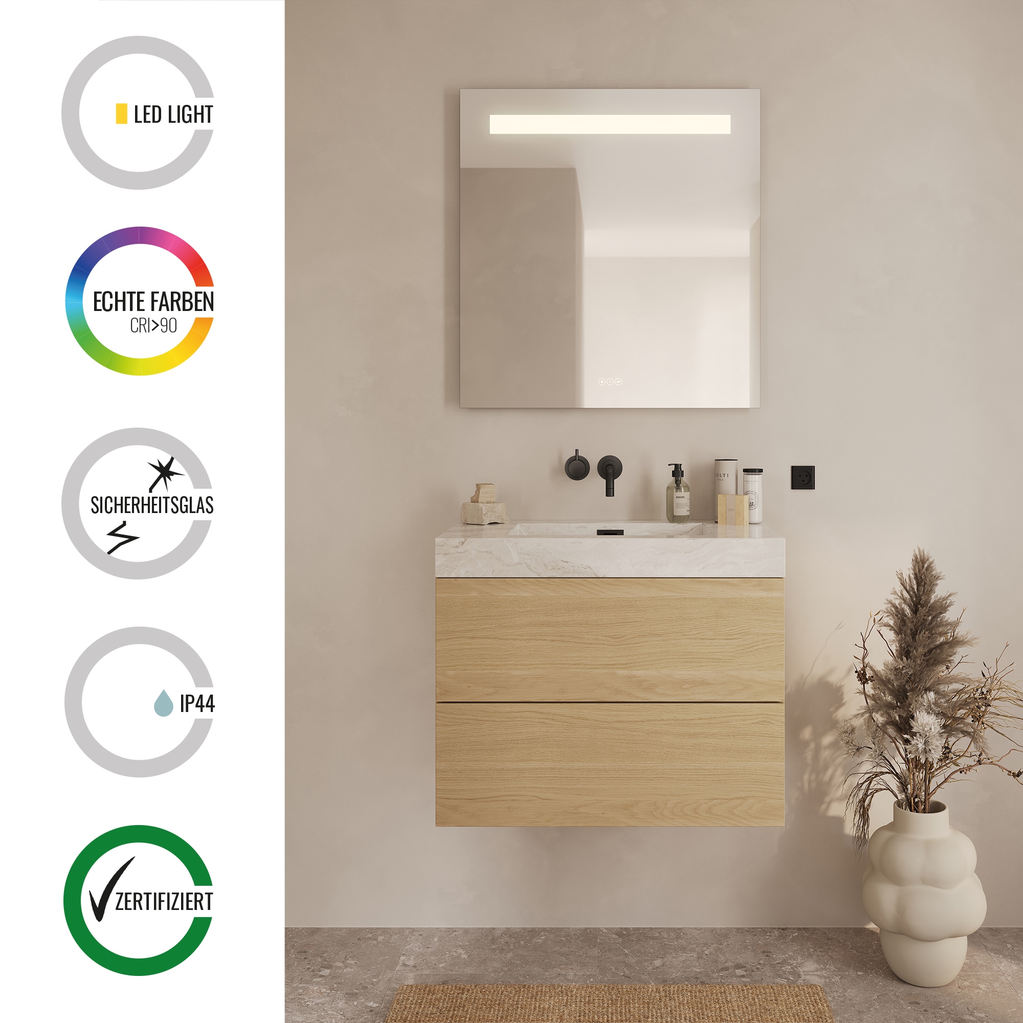 Loevschall Badspiegel »Lökken Quadratisch, Badzimmerspiegel mit LED Beleuchtung, Lichtspiegel«, Touchpanel für Lichtsteuerung, Verstellbarer Spiegel, Dänisches Design