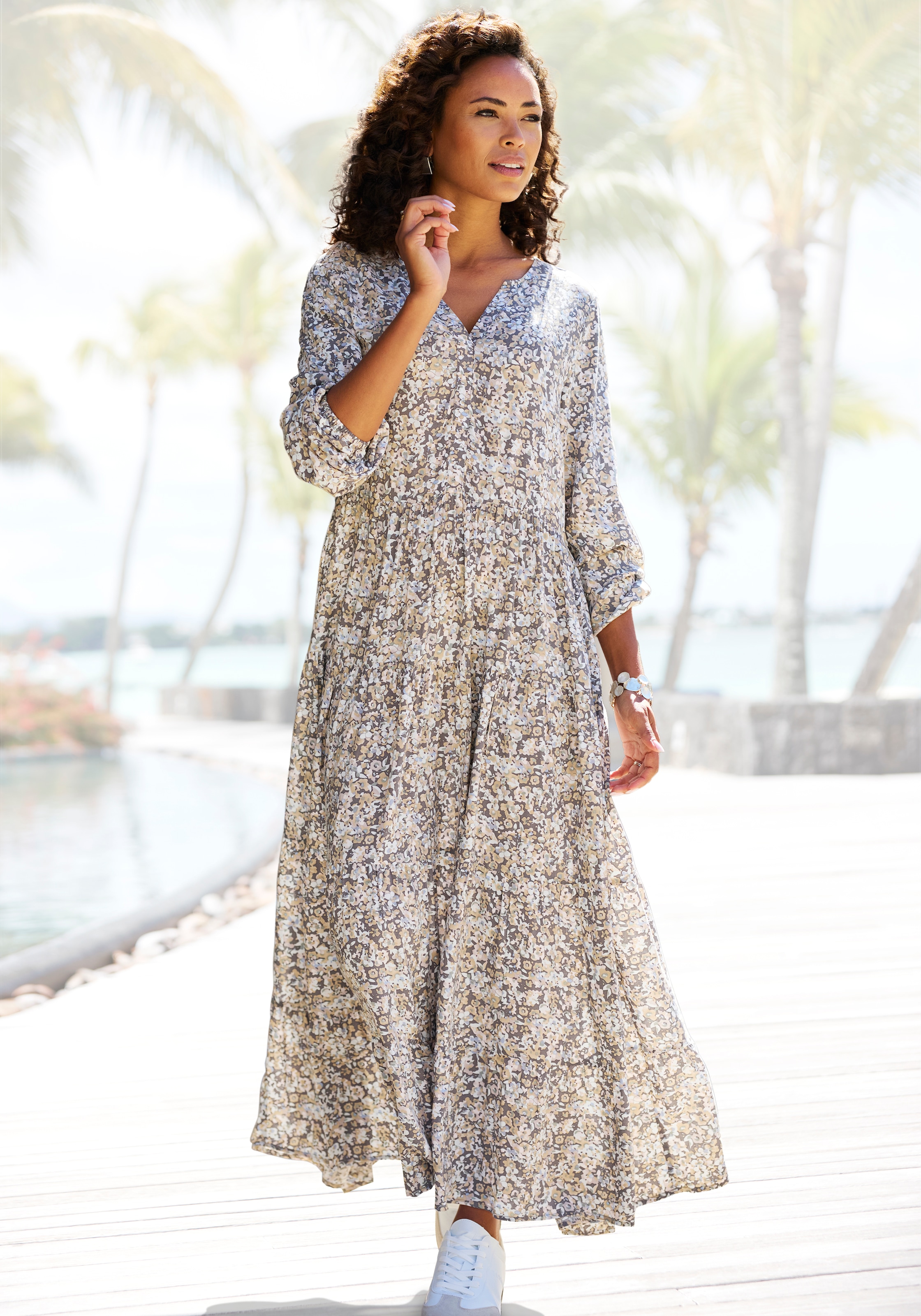 Image of Vivance Maxikleid "mit Alloverprint, V-Ausschnitt, Webkleid, locker bequemer Look" Ohne Taschen Langärmliges Druckkleid aus Webware, Sommerkleid, lockeres Kaftankleid