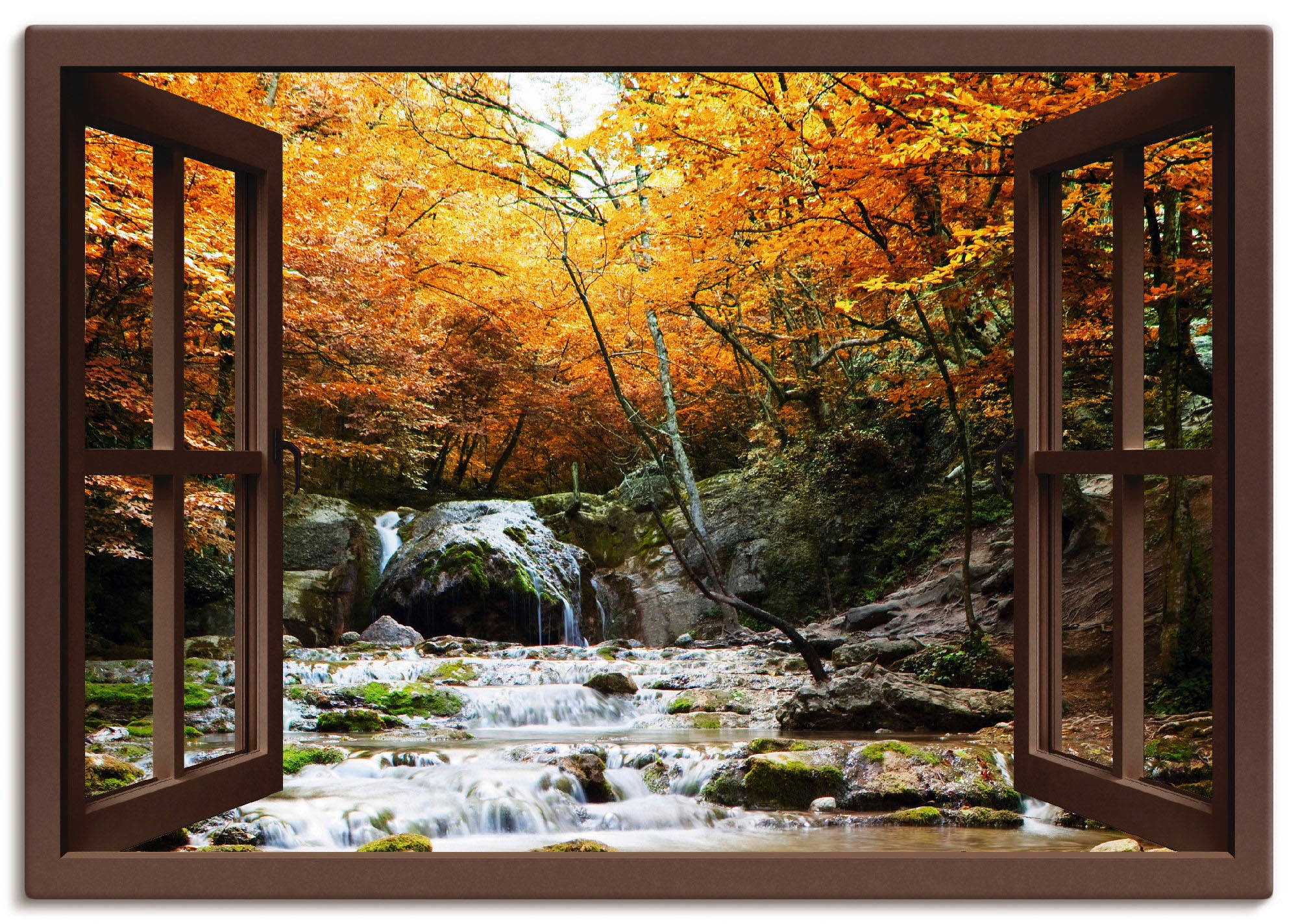 Artland Wandbild versch. Fensterblick, »Fensterblick in Herbstlicher Leinwandbild, oder St.), - Wandaufkleber Wasserfall«, (1 Poster Grössen kaufen als