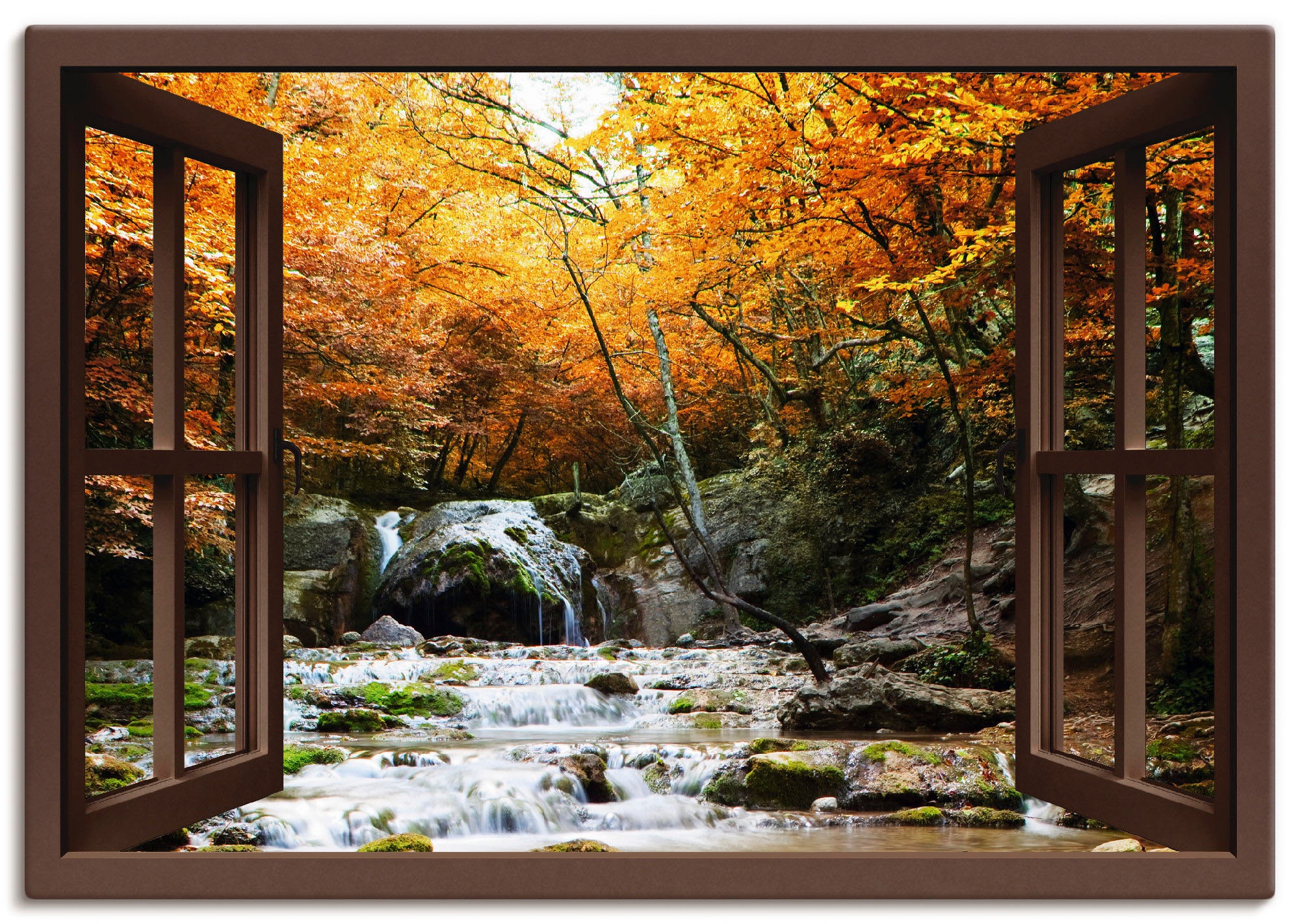 kaufen in Wasserfall«, versch. oder Wandbild Grössen Poster als Herbstlicher - Artland St.), Wandaufkleber (1 Leinwandbild, »Fensterblick Fensterblick,