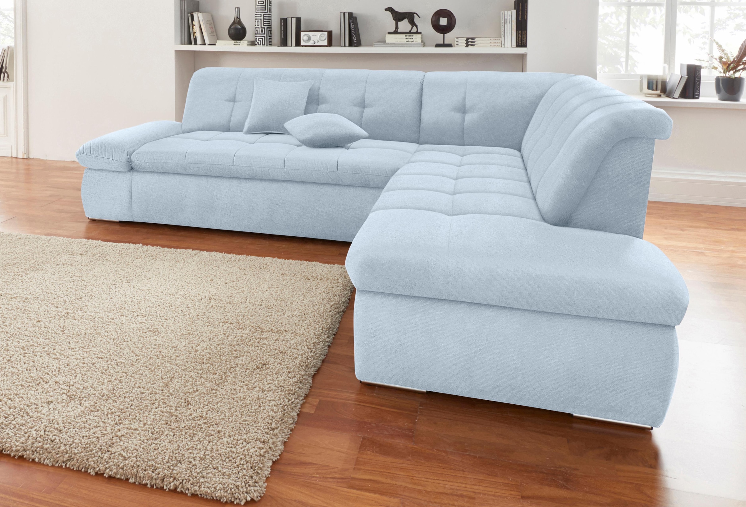 Image of DOMO collection Ecksofa "NMORIC inkl. Zierkissen 273x216x80 cm L-Form" Ottomanen-Abschluss, wahlweise mit Bettfunktion und Armlehnverstellung