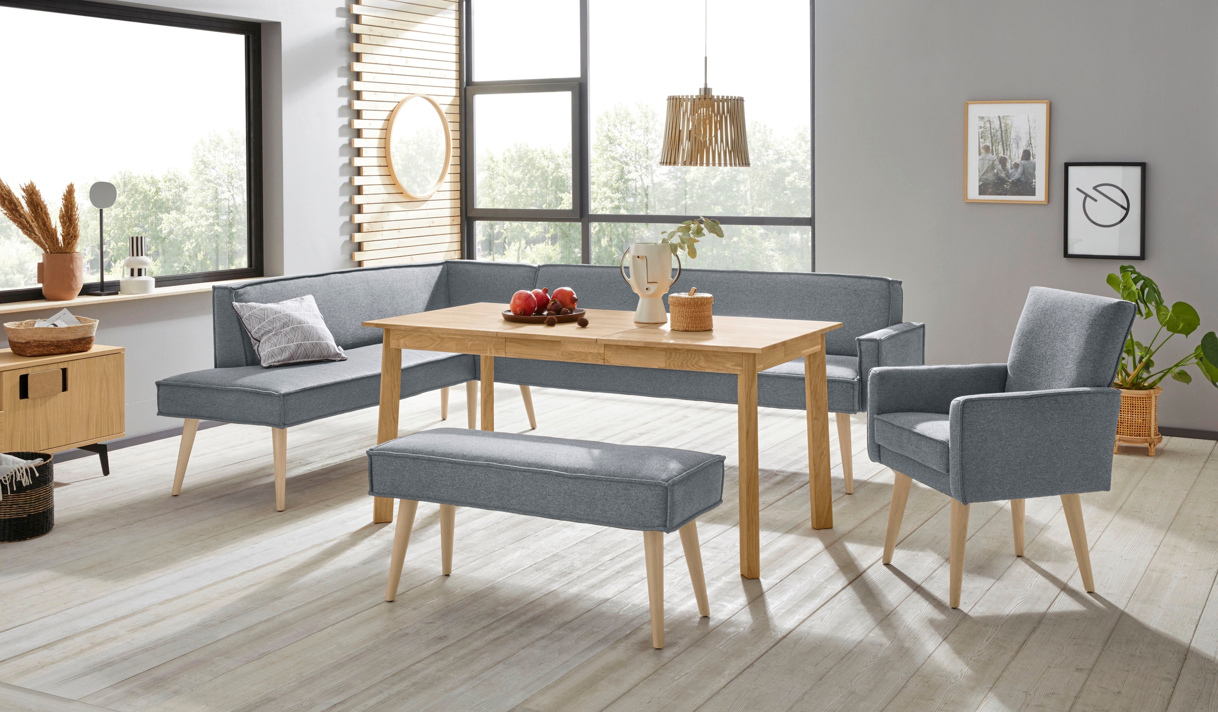 exxpo - sofa fashion Eckbank »Lungo, moderne Kedernaht, bequem und elegant, hoher Holzfuss«, hochwertige Detailverarbeitung, frei im Raum stellbar
