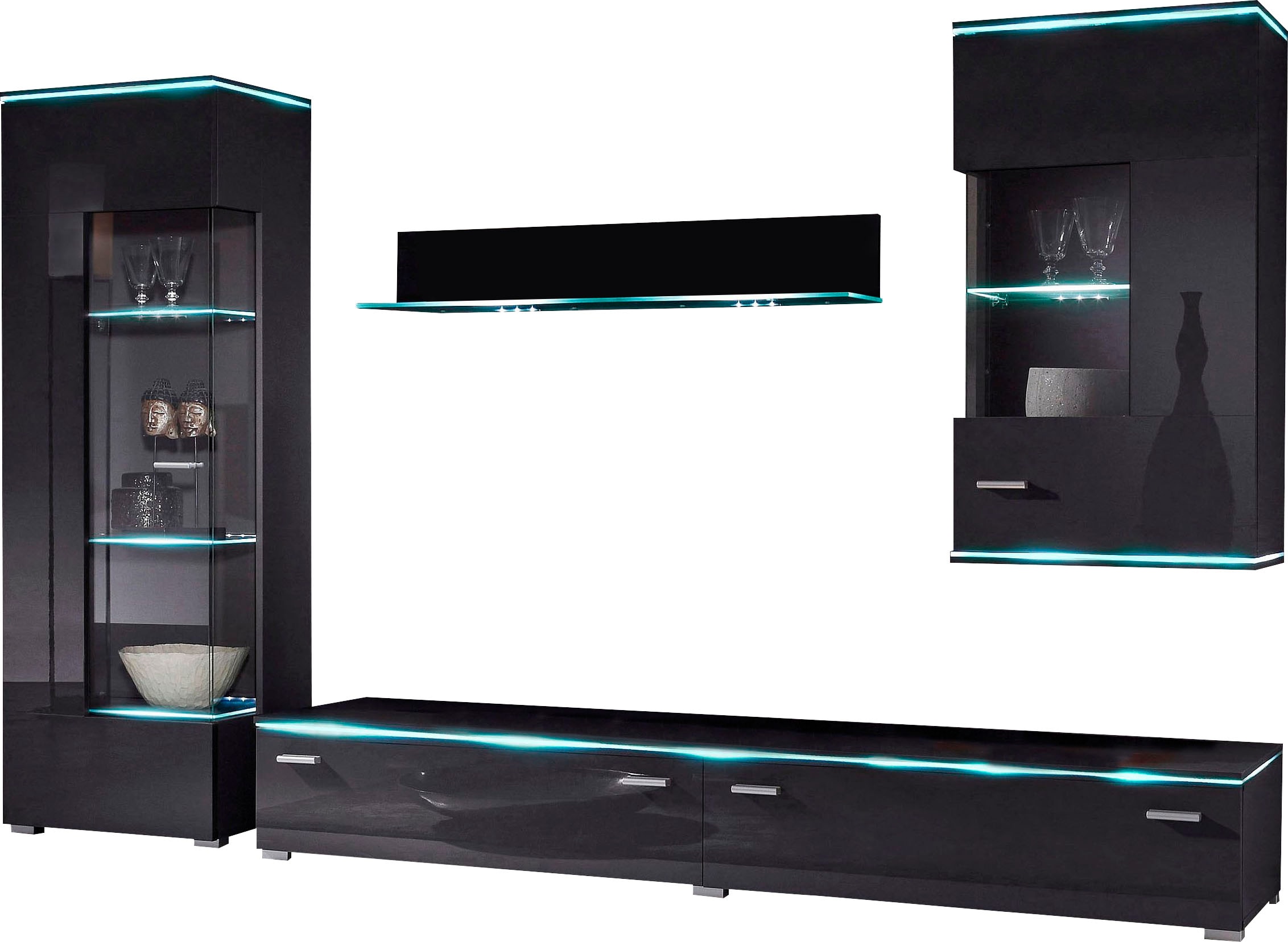 Image of Höltkemeyer Wohnwand "Happy" Set besteht aus 1 Standvitrine, 1 Hängevitrine, 1 Lowboard und 1 Wandregal