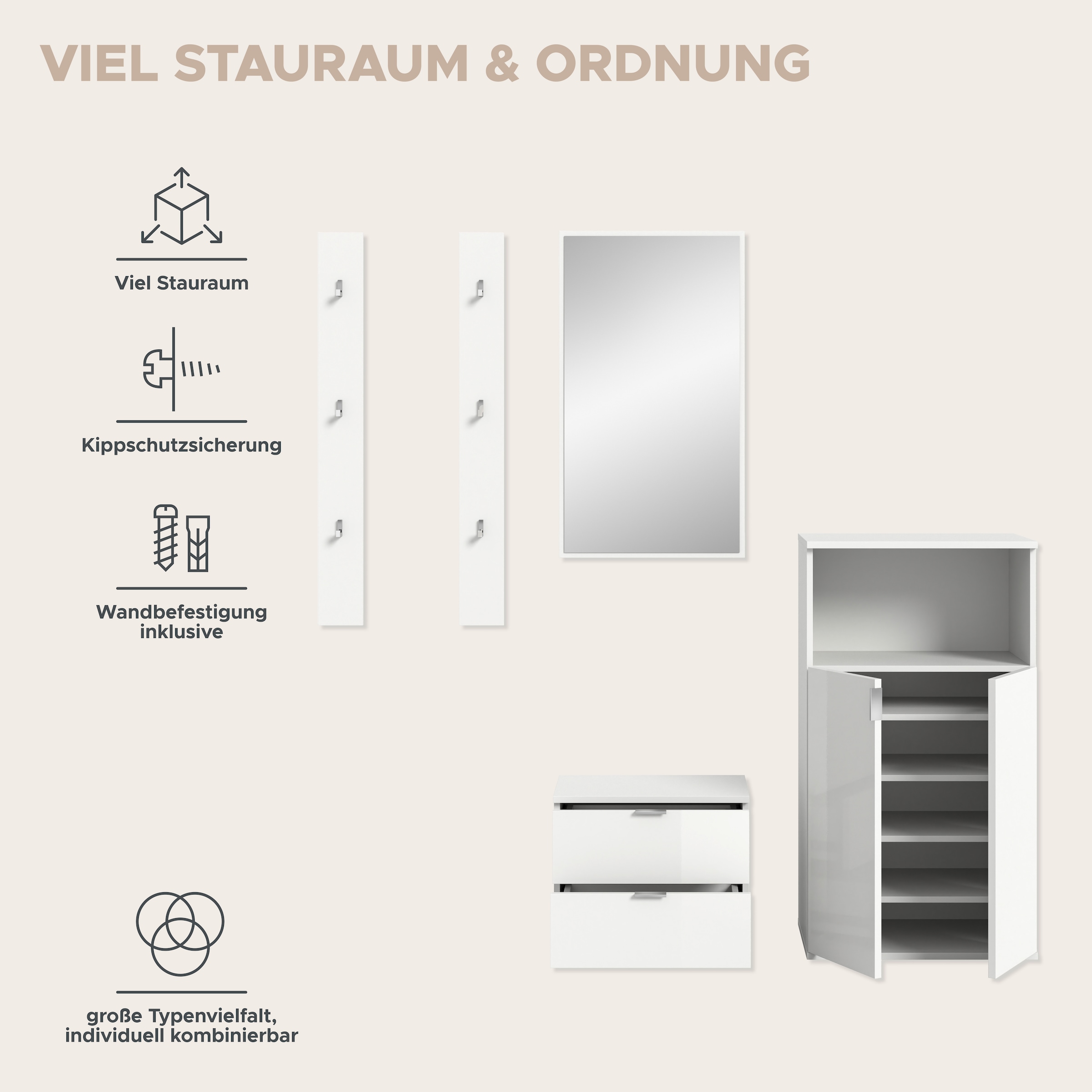INOSIGN Garderoben-Set »Trondheim, Garderobenset 4-tlg. Breite 176 cm,«, (4 St.), hochglanz, best. aus: Spiegel, 2er Set Paneele, 2x Kommoden, Flur