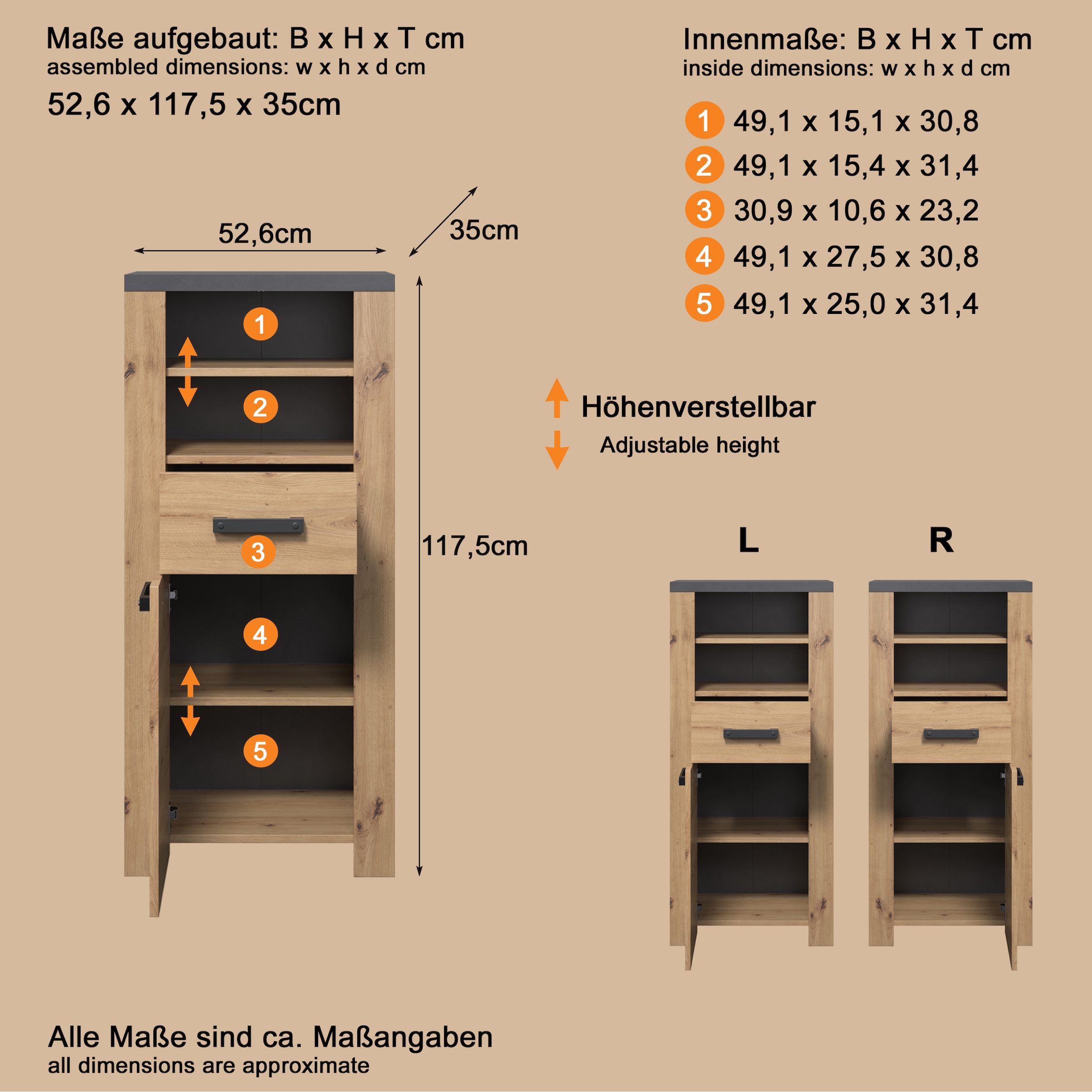 welltime Midischrank »Ambres«, (1 St.), Badschrank in matter Echtholzoptik - Masse (B/T/H) 53/35/118 cm