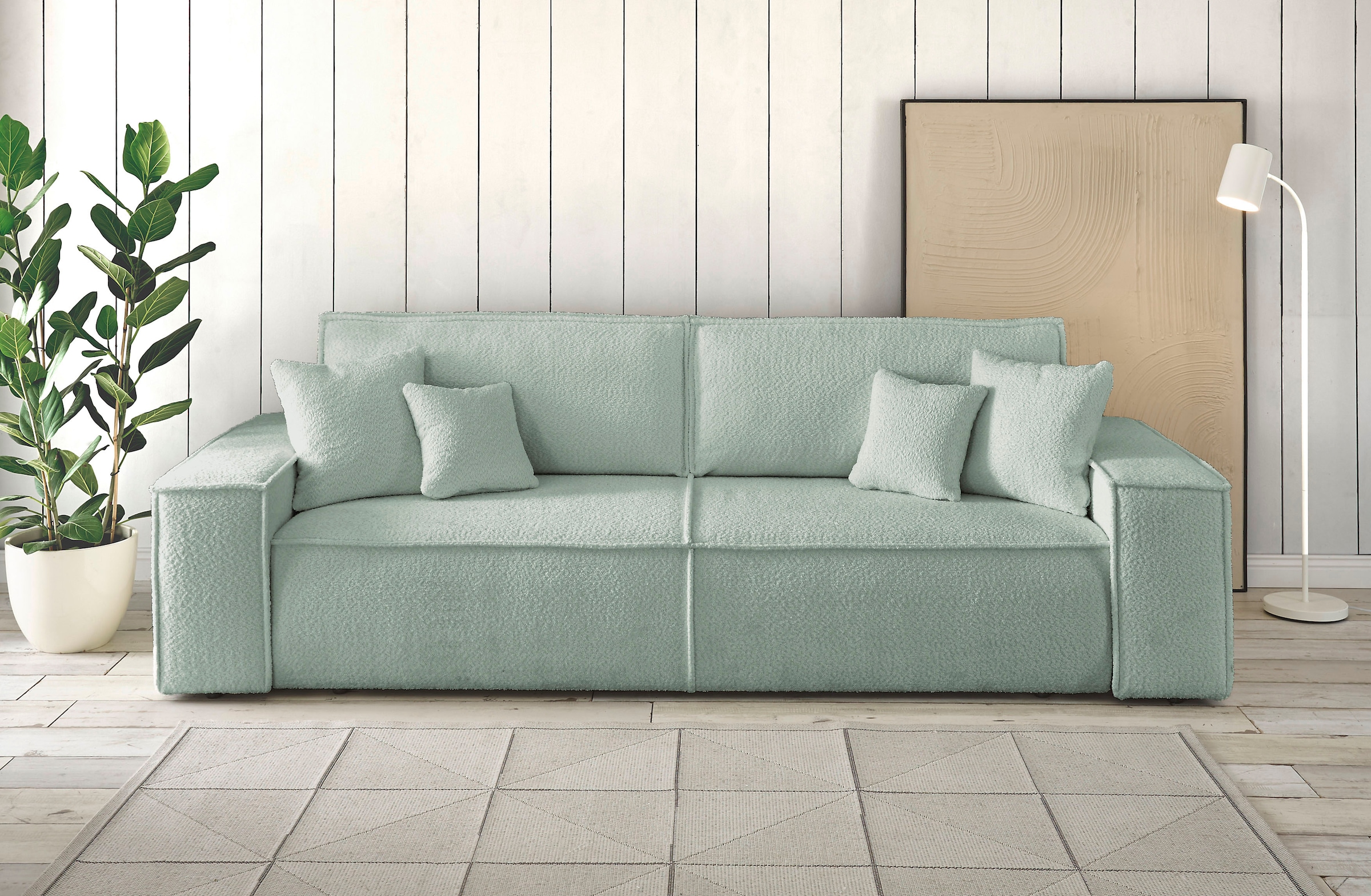 andas 3-Sitzer »FINNLEY Schlafsofa 257 cm, Schlaffunktion mit Bettkasten (200/136cm),«, in Aqua Clean-Bouclé u. Struktur fein