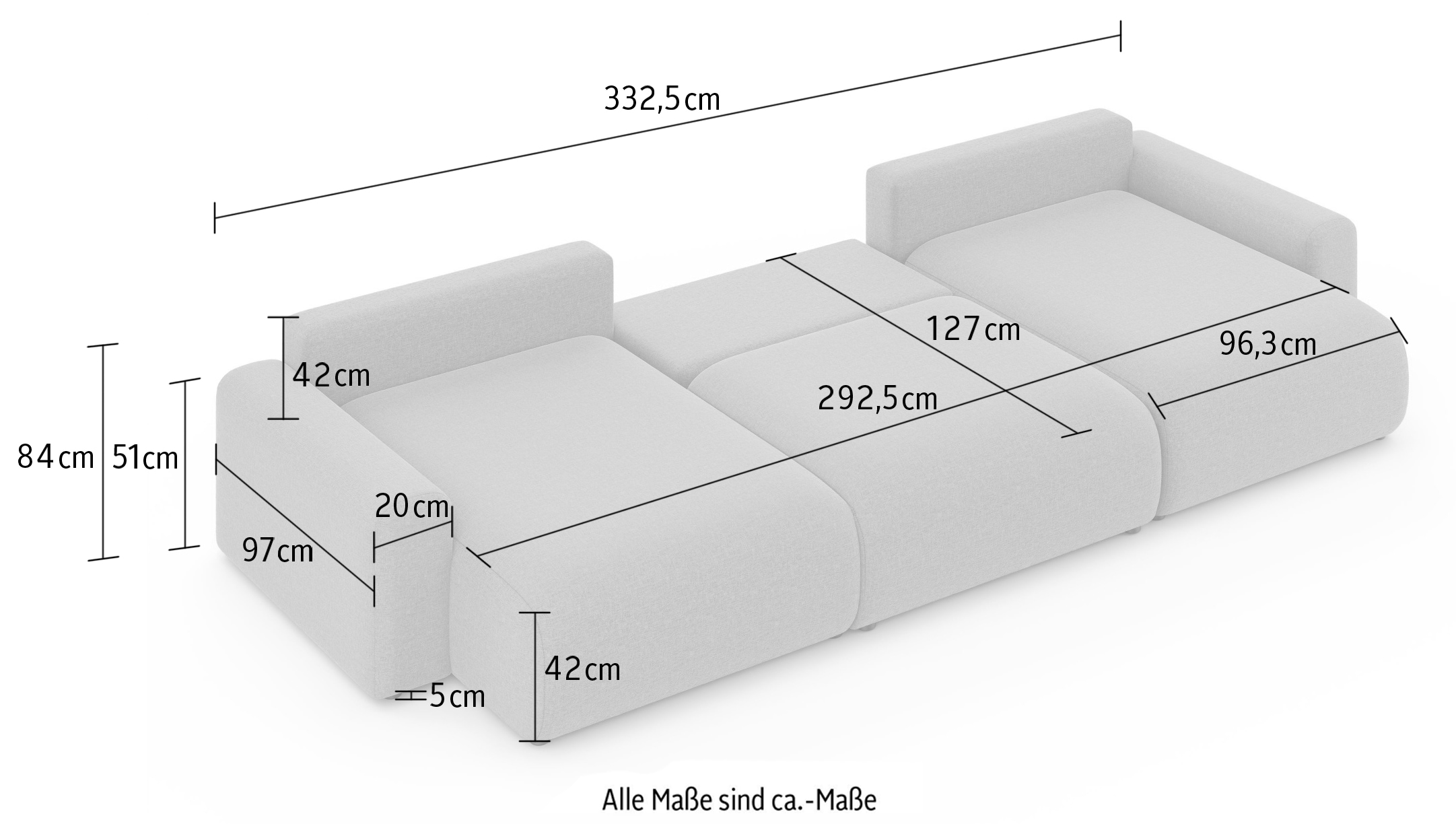 Home affaire Wohnlandschaft »LAKESIDE mit Bettfunktion und Bettkasten, Masse B/T/H: 332,5/142/84 cm« U‑Form mit vielen Kissen und Wellenunterfederung