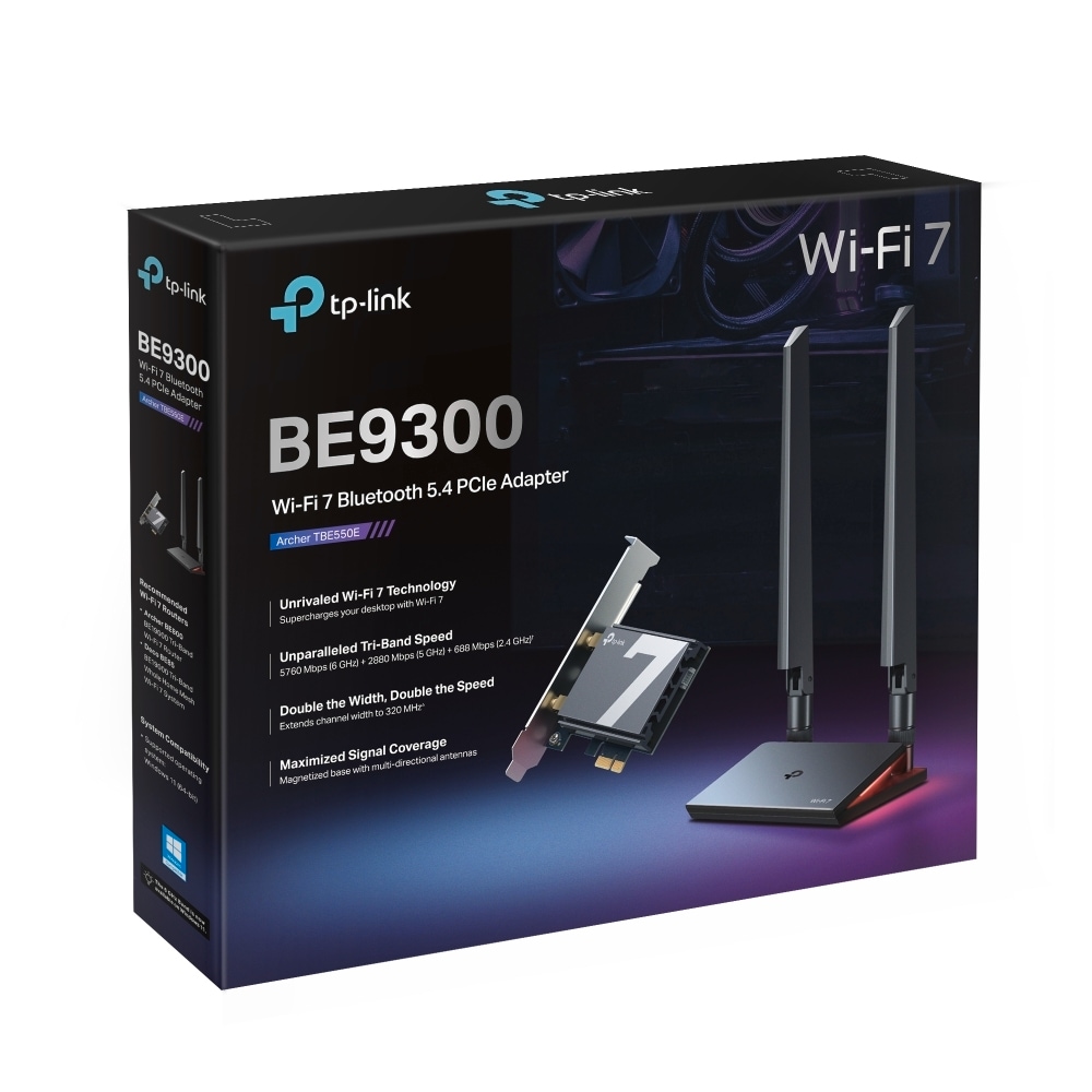 TP-Link WLAN-Modul »Archer TBE550E BE9300 Tri-Band Wi-Fi 7 BT PCI Adapter«, (5760 Mbit/s 6 GHz), 5760 Mbit/s, BT 5.4, 2.4 / 5 / 6 GHz, magnetischer Antennenfuss