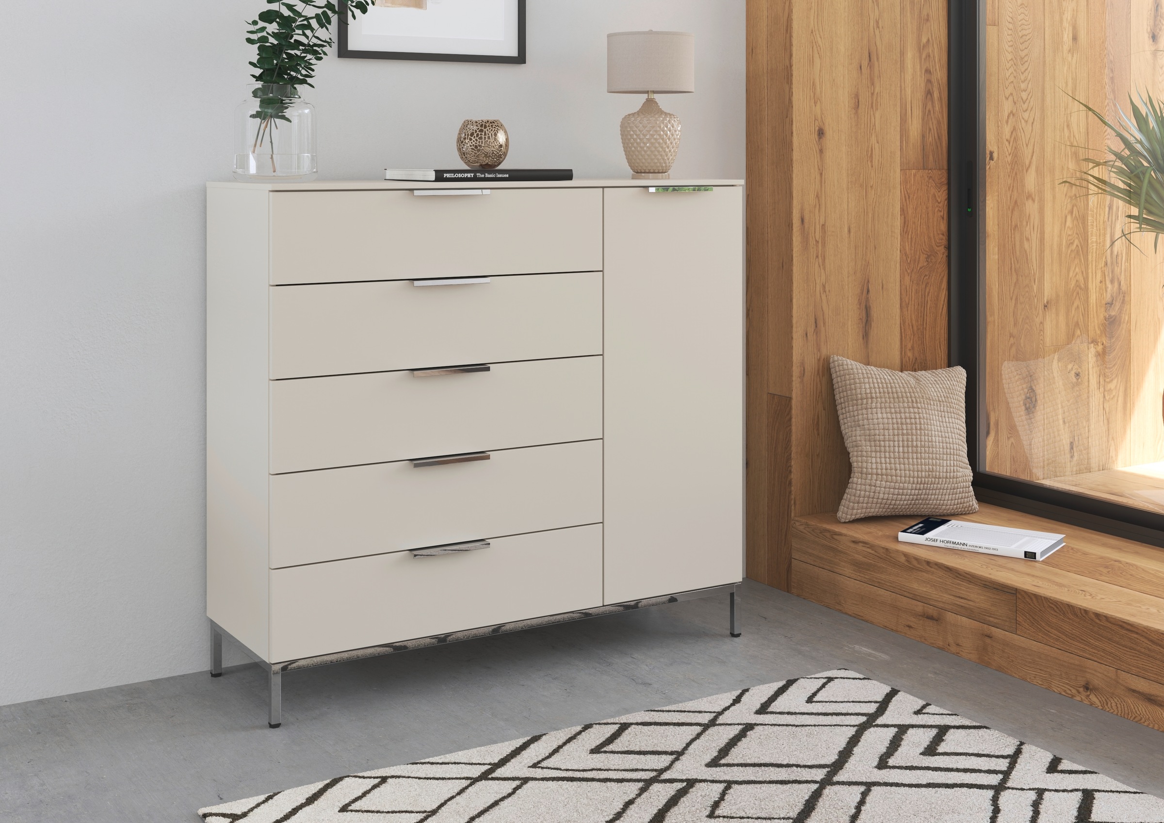 rauch Kombikommode "Kommode Türkommode Sideboard Kombikommode FLIPP" Breite 120 cm mit 2 Einlegeböden, 1-türig mit 5 Schubladen und Soft-Close-Funktion