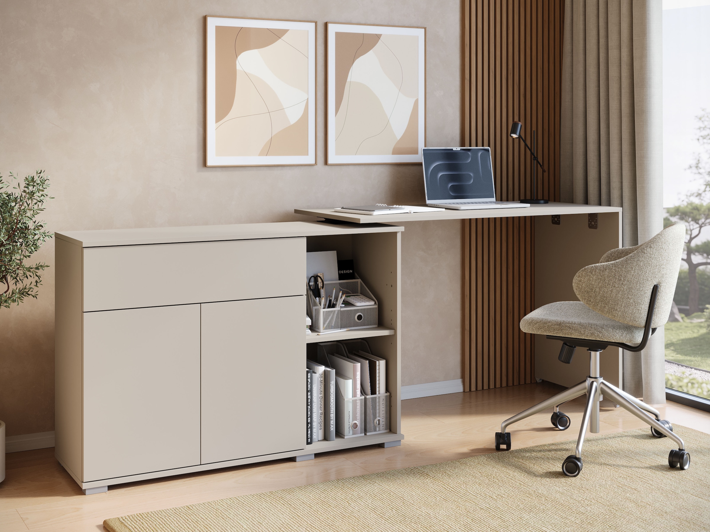 GOODproduct Schreibtisch »Kenia mit drehbarer Tischplatte 90°/180°, B/H/T: 109,5/75/50 cm« 1 Stk. tlg. Schublade & Türen mit Push-to-open, 2 höhenverstellbare Böden