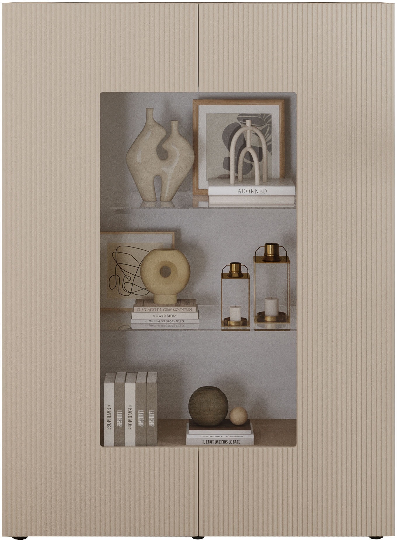 Image of Home affaire Vitrine "RIO, Höhe 166 cm, Hochschrank mit 2 Türen, Anrichte, Standvitrine" Vitrinenschrank, geriffelte MDF-Fronten, modern, elegant, geräumig