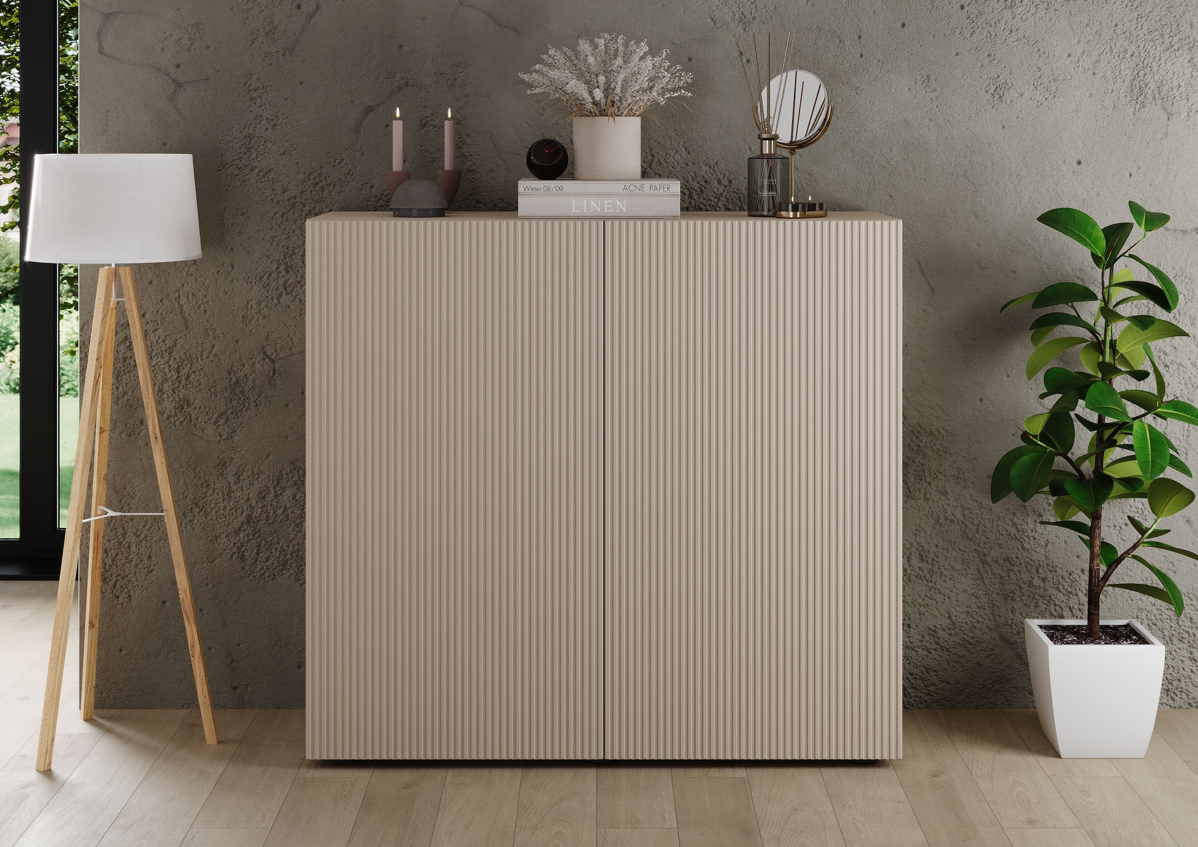 Image of Home affaire Highboard "Rio, Höhe 111 cm, Breite 120 cm, Stauraumschrank, Kommode, 2 Türen," geriffelte MDF-Fronten, modern u. elegant, viel Stauraum