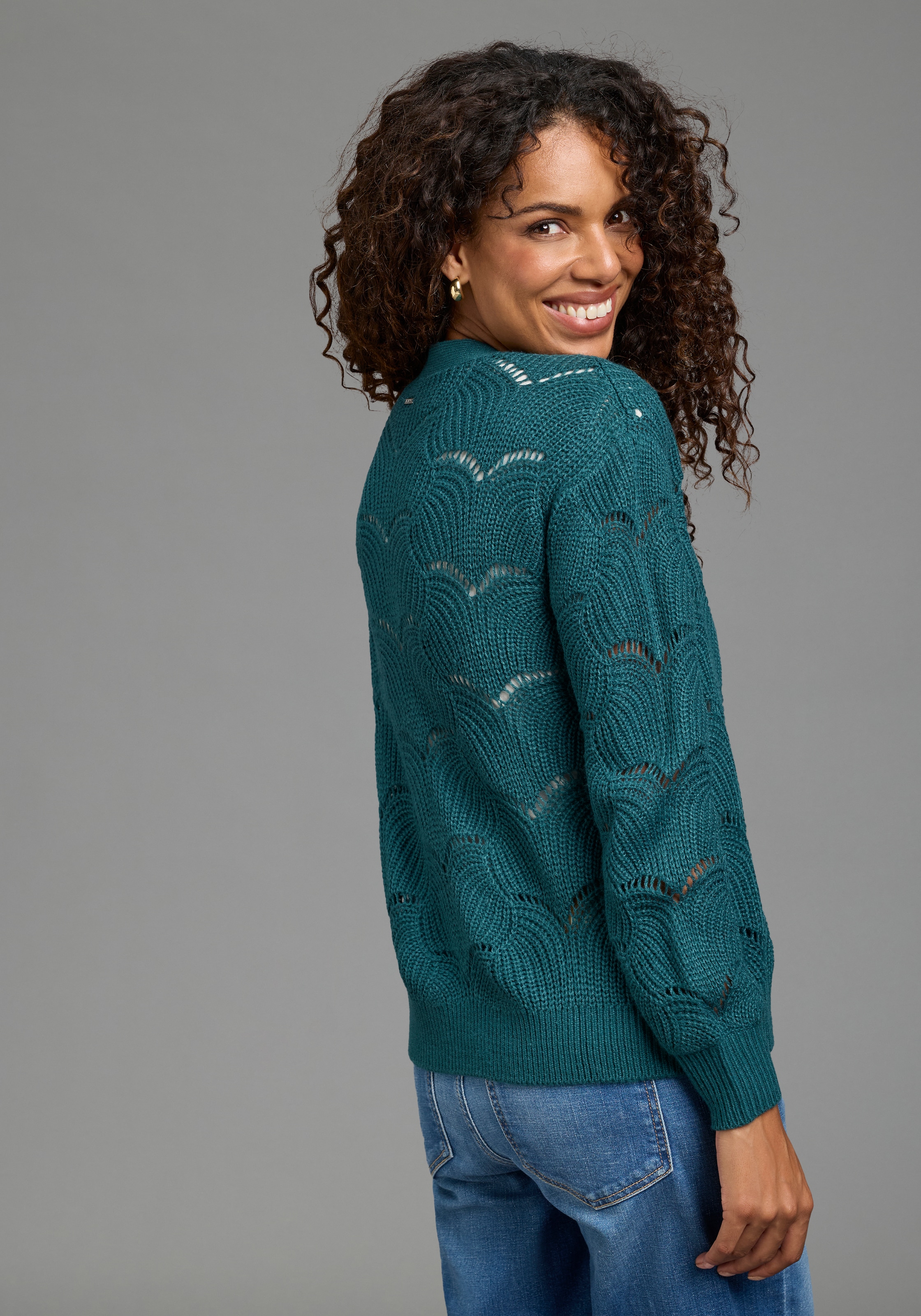 Laura Scott Strickjacke »mit Ajourstrickmuster« kurz geschnitten