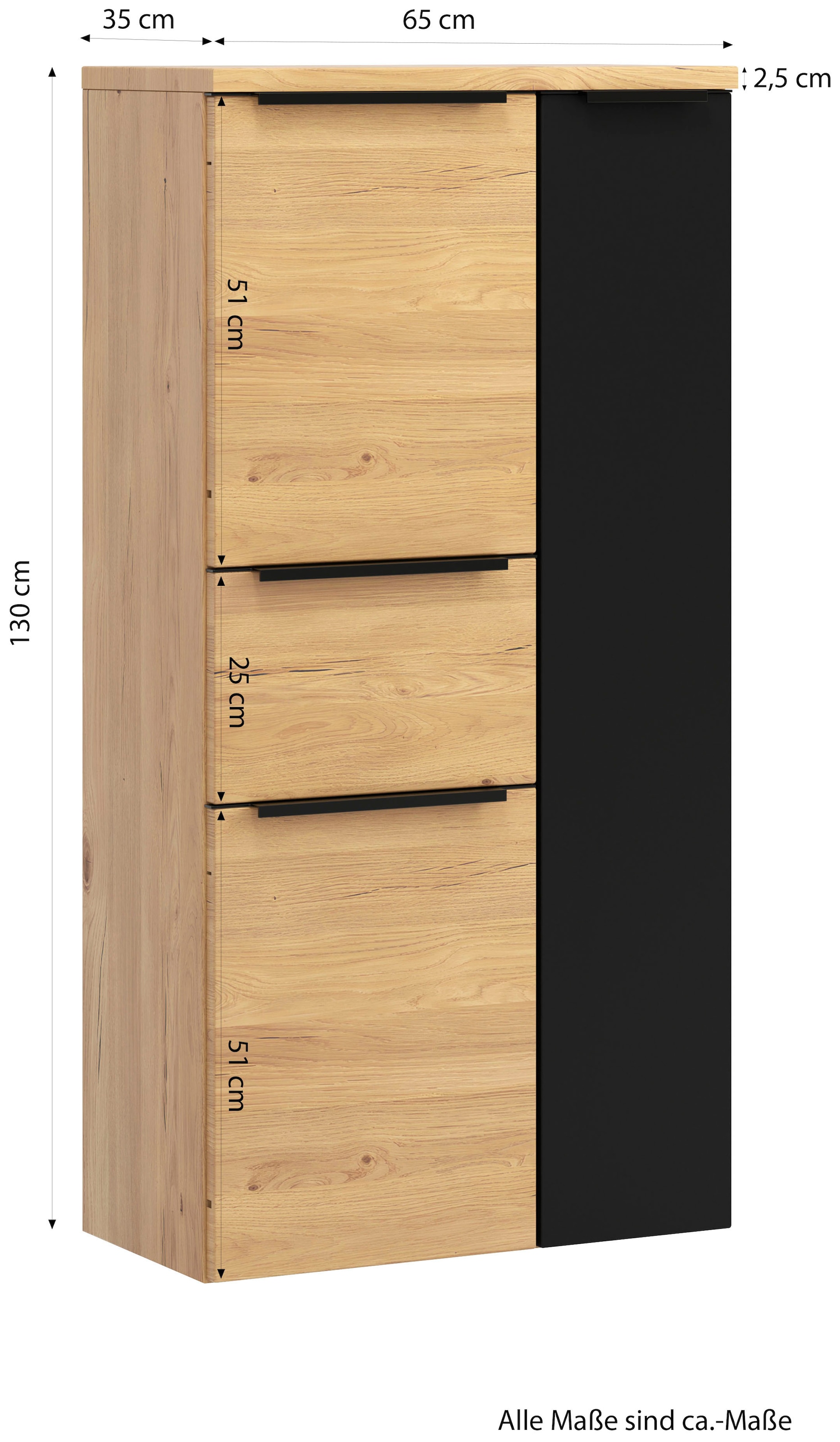 welltime Armoire intermédiaire »MAILAND, Softclose-Auszug, gedämpfte Scharniere, hochwertiges MDF« Dimensions (L/H/P) env. 65/130/35 cm,  chêne sauvage, charnières amorties et tiroir à fermeture douce