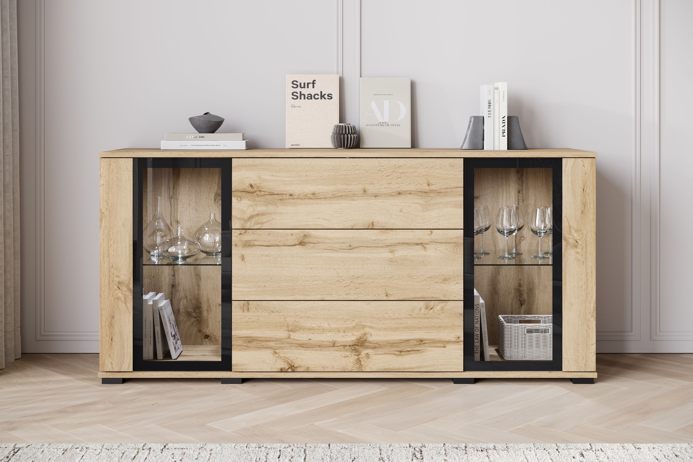 Home affaire Sideboard »modernes Design mit Glaseinsätzen und 3 Schubladen, Breite 150 cm« 1 Stk. tlg. Grifflose Fronten mit Push-to-Open, höhenverstellbare Einlegeböden,