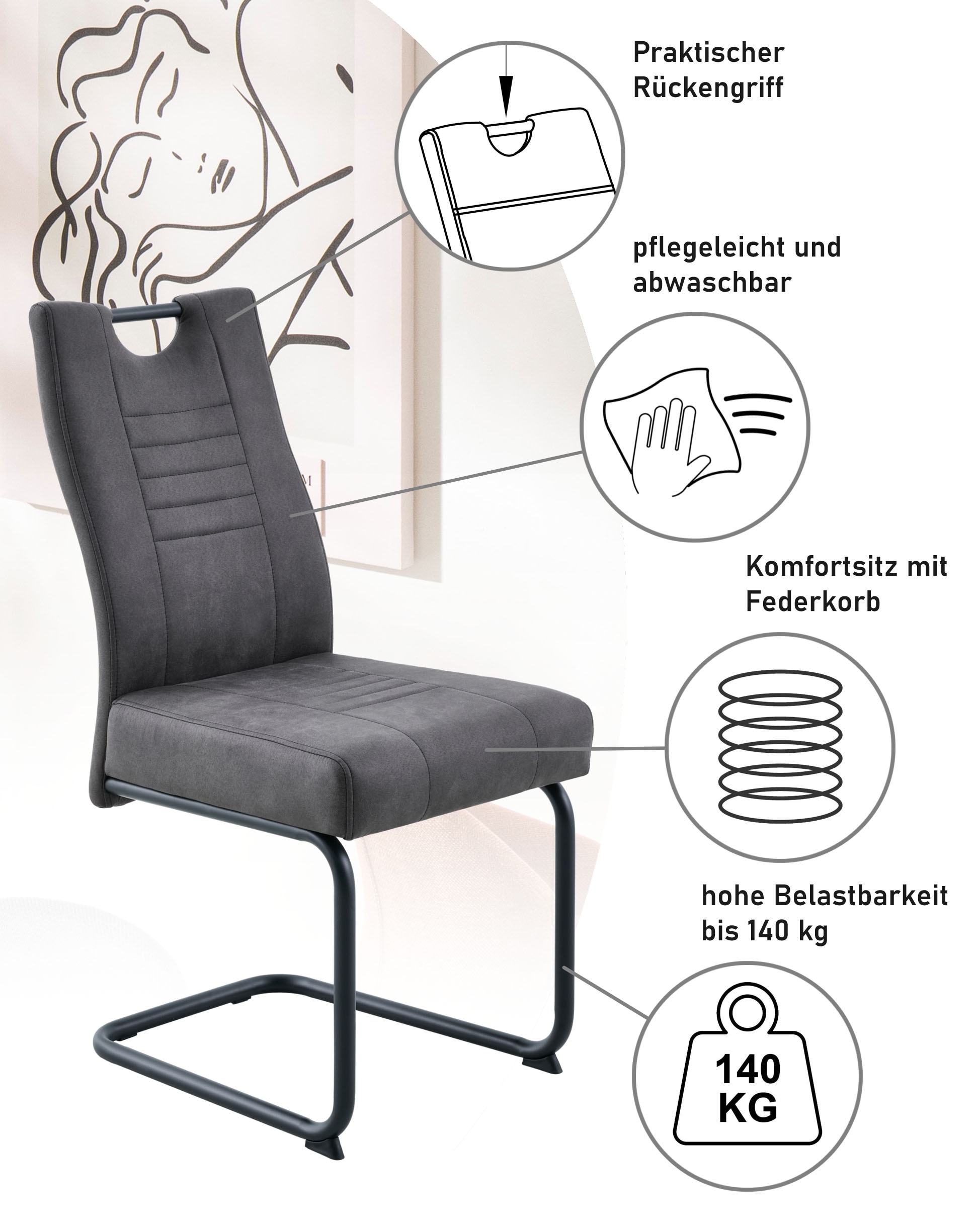 GOODproduct Chaise cantilever »Altona« (Set) 2 cuisFederkern und Griff, 140 Kg Belastbarkeit, 2er und 6er Set