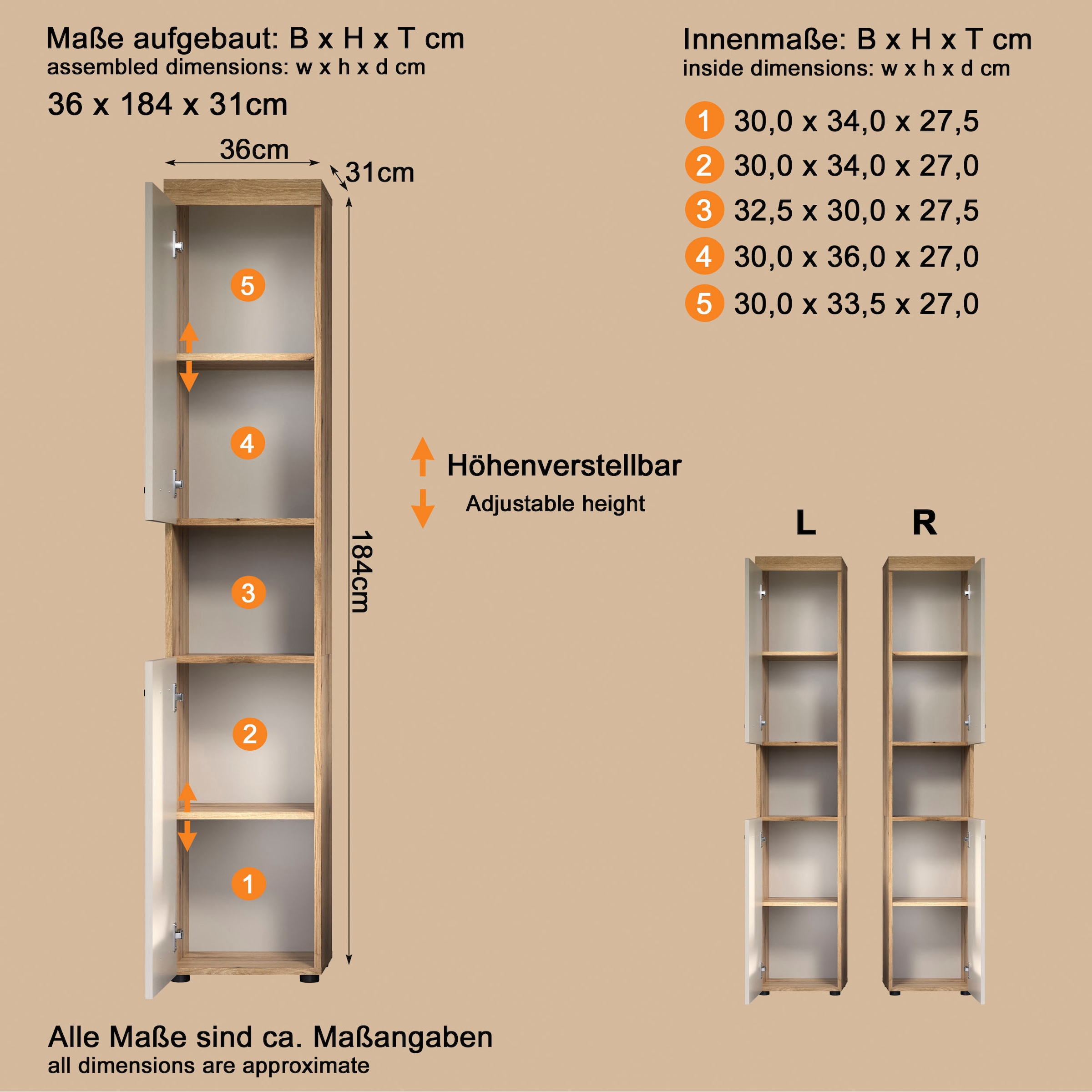 welltime Hochschrank »Isera« 1 Stk. tlg. Badschrank mit 2 Türen und 1 offenem Fach  – (B/T/H) 36 /31/184 cm